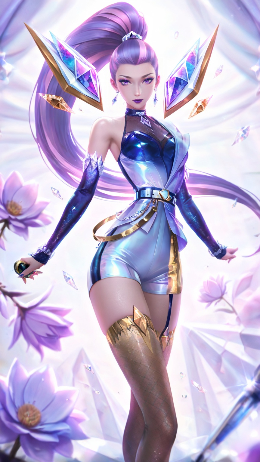 <lora:联盟女团1-000025:0.8>,lvjing,1girl,long hair,purple hair,gloves,solo,purple eyes,multicolored hair,makeup,ponytail,thighhighs,elbow gloves,jewelry,purple lips,breasts,looking at viewer,official alternate costume,earrings,two-tone hair,very long hair,eyeshadow,microphone,flower,belt,lipstick,gem,shorts,floating object,k/da \(league of legends\),high ponytail,depth of field,masterpiece,best quality,very aesthetic,alternate costume,2024,2023,perfect composition,ultra-detailed,extreme aesthetic,masterpiece,best quality,good quality,newest,year 2024,year 2023,very aesthetic,absurdres,looking_at_viewer,colorful,