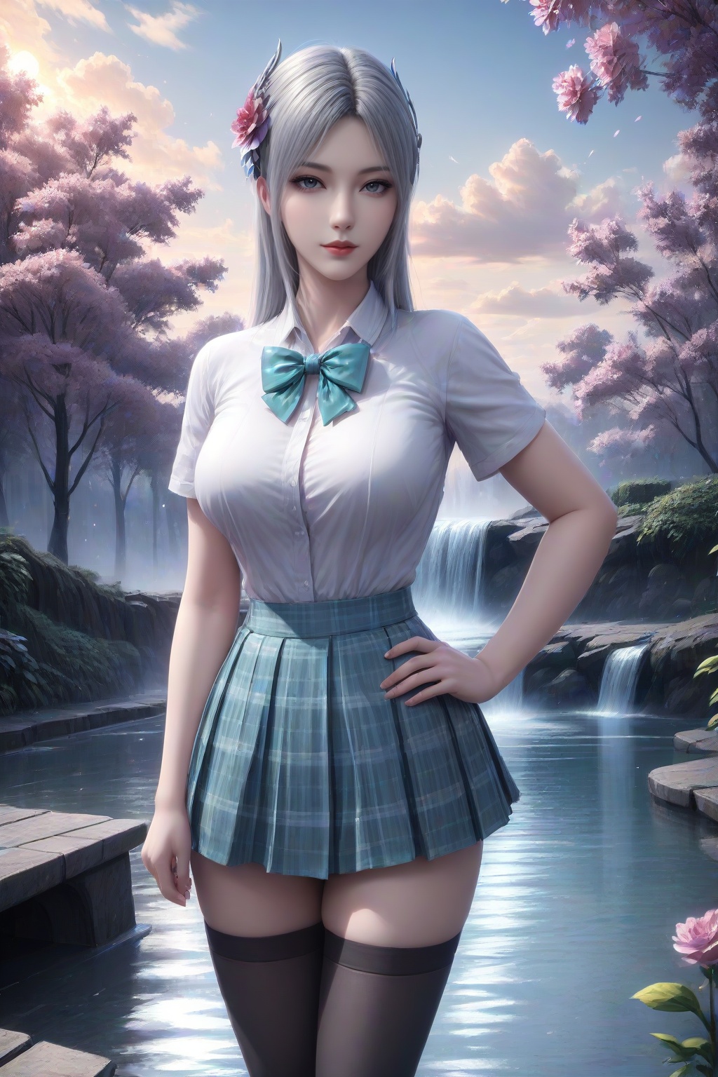 <lora:xiaoyixian_v3-000016:0.7>,xiaoyixian,1girl,solo,hair ornament,hair flower,flower,outdoors,red lips,closed mouth,water,looking at viewer,standing,hand on own hip,(outdoors,day,waterfall,sky,cloud,park,park bench,lamppost,),masterpiece,highres,absurdres,best quality,8K,high-res detailed,(cowboy shot:1.2),(alternate costume:1.2),(white shirt,turquoise bow,bowtie,turquoise skirt,plaid skirt,red pleated skirt),short sleeves,(black_thighhighs:1.2),thighhighs,shiny legwear,shadow,outdoors,wall,sky,blue sky,cloud,