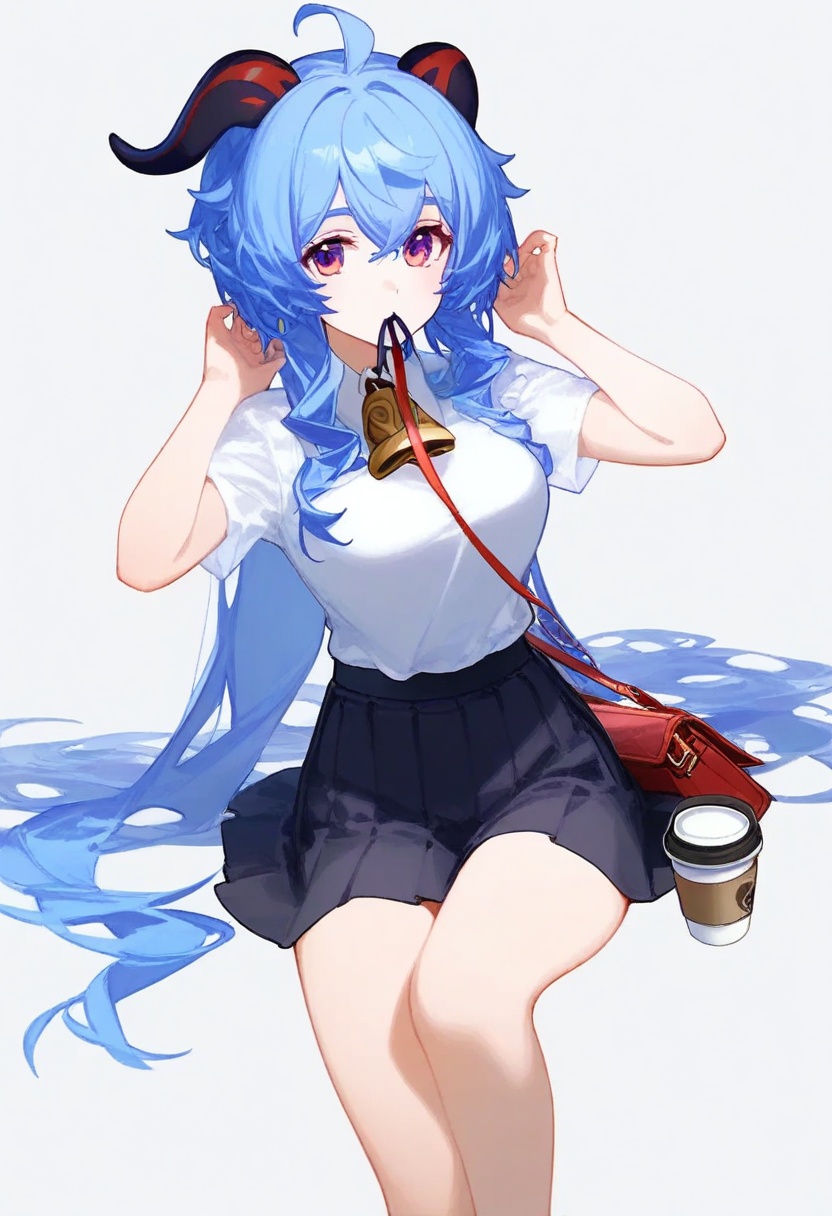 ganyu_\(genshin_impact\), solo, 1girl, horns, skirt, looking_at_viewer, sitting, ahoge, long_hair, breasts, blue_hair, mouth_hold, white_background, bell, arms_up, disposable_cup, bag, purple_eyes, cup, medium_breasts, simple_background, black_skirt, tying_hair, pleated_skirt, shirt, hair_tie_in_mouth, goat_horns, white_shirt, handbag<lora:kocil_cyan-000015:0.8>