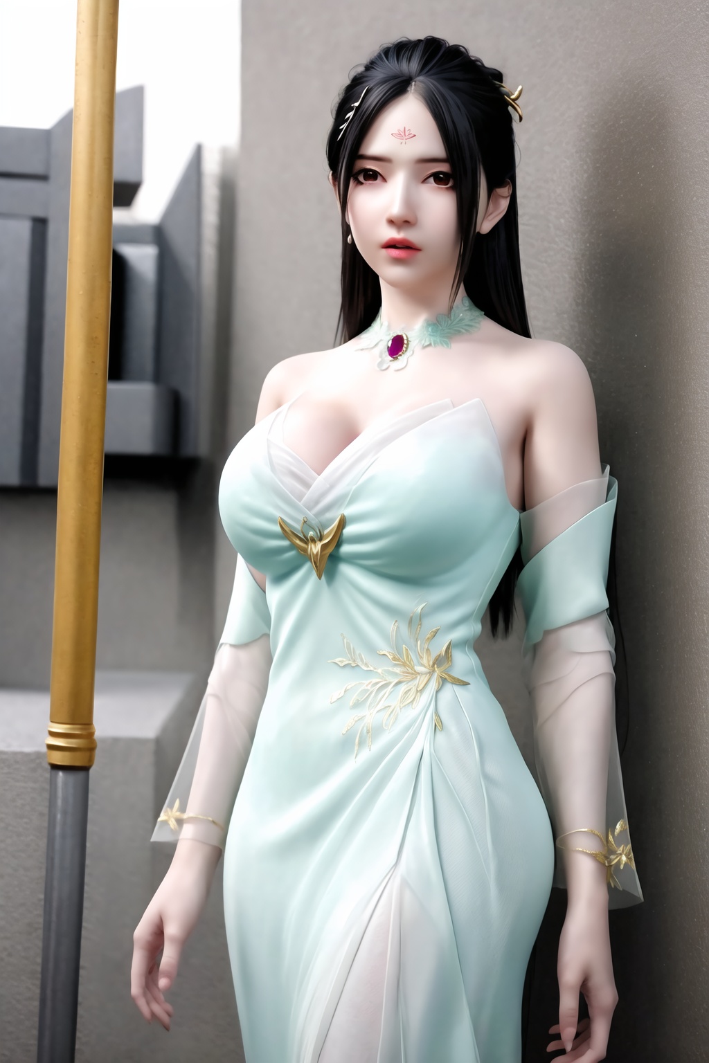 (8k, RAW photo, best quality, masterpiece:1.2),(realistic, photorealistic:1.3), ultra-detailed, extremely detailed cg 8k wallpaper,(crystalstexture skin:1.2), extremely delicate and beautiful,1girl, earrings, jewelry, solo, black_hair,outdoors, (full shot), (breasts, medium_breasts:0.2, cleavage), looking_at_viewer, standing, 