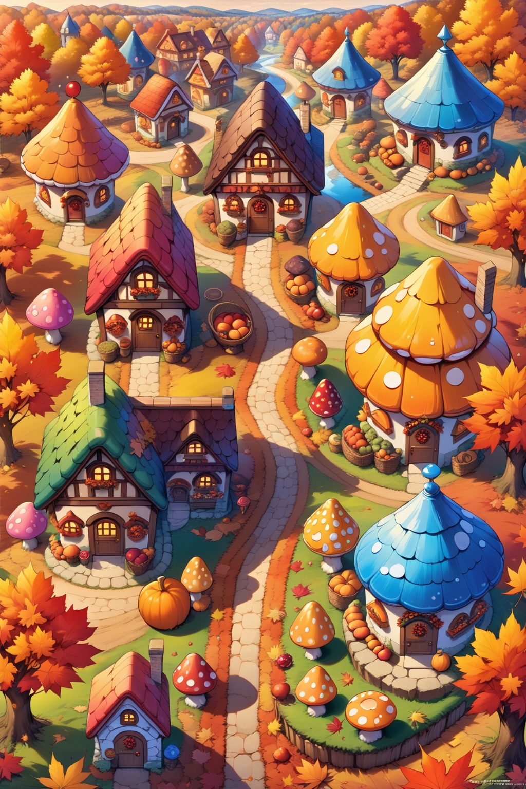 Mushroom houses, trees, roads, HD, masterpieces, best quality, autumn, harvest fruit，  <lora:lora:0.8>