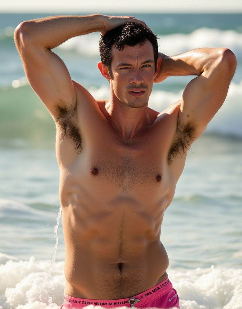 Callum Turner ,  A HD high-quality close-up photo. stepping out of the ocean. water cascading down his toned chest and arm...