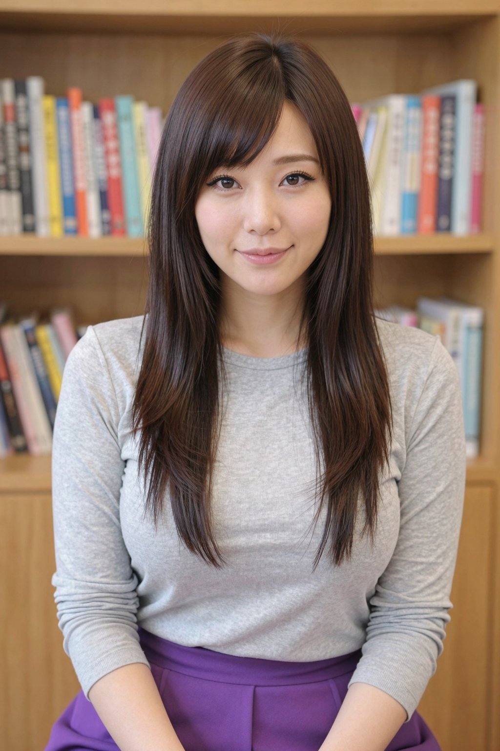 This photograph features an East Asian woman with long, straight, dark brown hair and bangs, wearing a light grey long-sleeve shirt and a purple skirt. She has a fair complexion, almond-shaped eyes with black eyeliner, and a subtle smile. She is seated, Background with a bookshelf filled with colorful books in the background. The setting appears to be a cozy, well-lit room. <lora:20260107_TinZ-ImageYoungGirlLora6:1>
