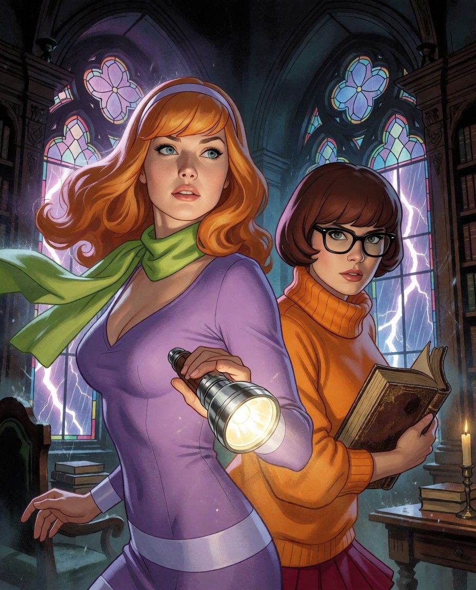 A dynamic dual-character composition of Velma Dinkley and Daphne Blake standing side by side in a dimly lit,  eerie Victor...