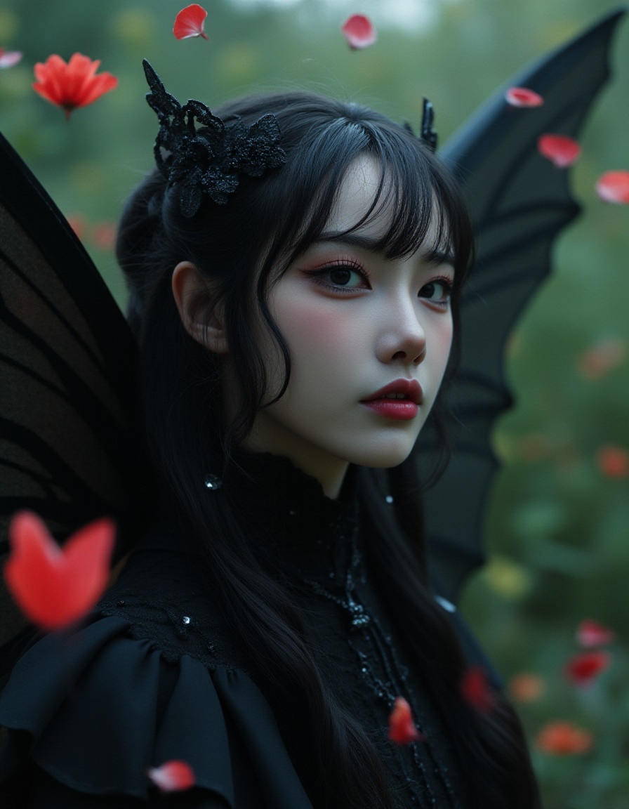 realistic portrait,film style,upper body,Aesthetics of material mourning,illusory and ethereal fairy with black wings,Gothic clothing,the background is the sacred symbol of ideal beauty that is about to disappear,translucent petals drifting with the wind,fluorescent raindrops like broken shadows,a little cold tone,natural hiding color method,complementary color coloring,hazy soft color,warm and glossy,frame composition,like dream,mystery,aestheticism,