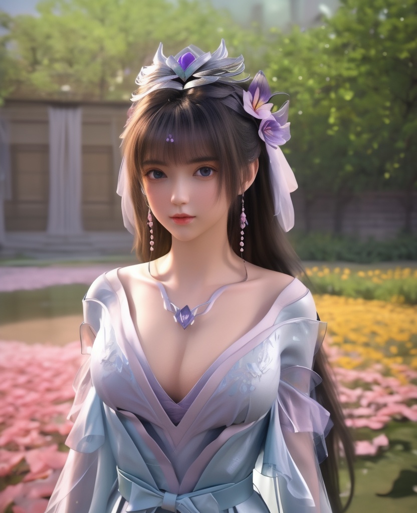 <lora:568-DA-星辰变-姜妍:0.8>(,1girl, ,best quality, ),looking at viewer,  ,ultra detailed 8k cg,ultra detailed background,ultra realistic 8k cg,1girl, solo,(bare shoulders:0.85),(masterpiece, best quality),((oil painting style)),sexy young lady,(beautiful face and eyes),(upper body:1.5),(whole body:1.05),(single person:1.2),surrounded by flowers, (lily), roses, floret, vegetation, white, purple, purplish pink,Impressionism,colorful,(Breast size:1.3),(cleavage),