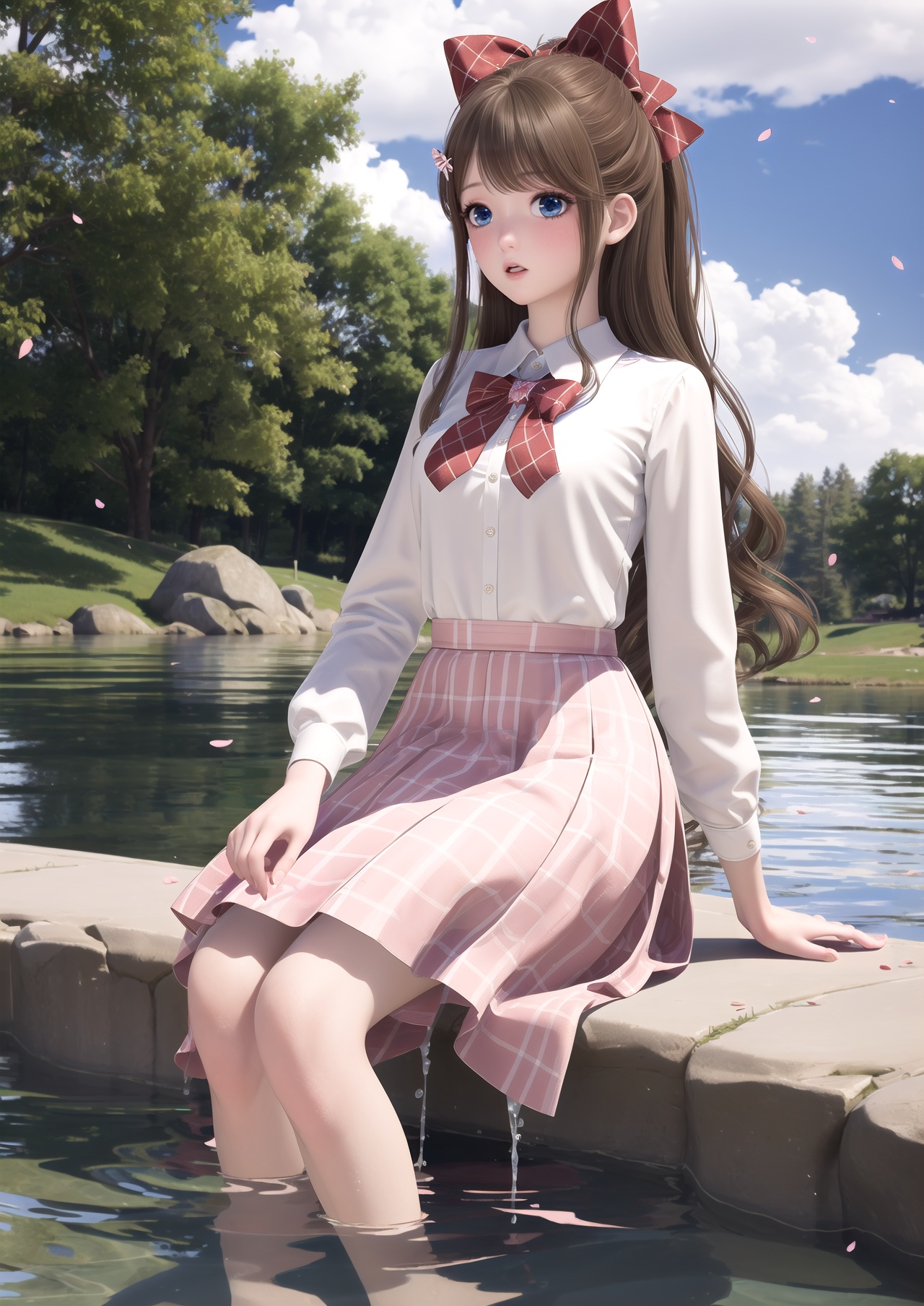 masterpiece,best quality,1girl,solo,soaking feet,long hair,blue eyes,hair bow,bow,sitting,water,pink bow,brown hair,skirt,blush,petals,day,sky,brown skirt,shirt,hair ornament,very long hair,cloud,looking to the side,outdoors,blue sky,white shirt,:o,