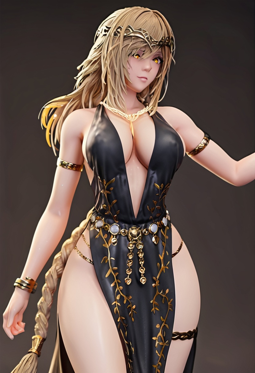 1girl,pvc figure,black dress with gold details,deep v-neckline,gold crown,gold necklace.gold armlets,gold bracelets,gold chain belt,gold chain accessories on legs,golden eyes,braided blonde hair,cowboyshot,masterpiece, best quality,newest, absurdres, safe <lora:Elden Ring-Marika_v1.0:1>