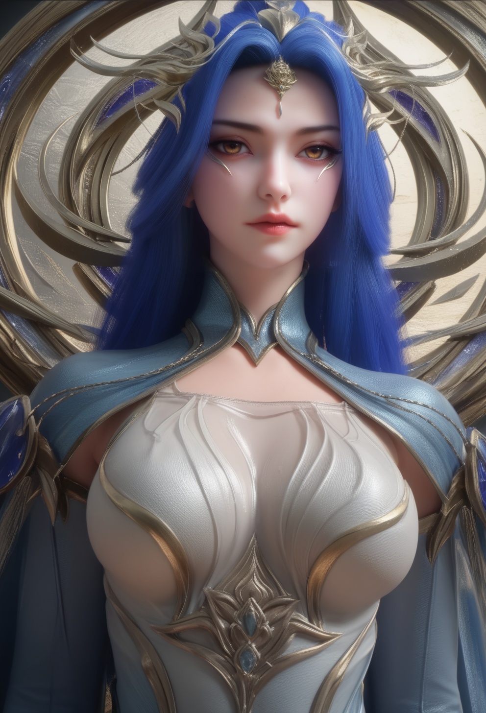 supermodel,score_8_up,score_7_up,hyperdetailed,hyperrealistic,volumetric lighting,focus on face,textured skin,eye lighting,SkinHairDetail,zPDXL,very attractive,Expressiveh,realistic skin,score_9,score_8_up,score_9,score_8_up,1 girls,high cold face,yujie,perfect round large,breasts,jewelry,beautiful eyes,detailed eyes,breast,blue cape,blue hair,breasts,dress,forehead mark,nvdi,white dress,<lora:女帝:0.8>,