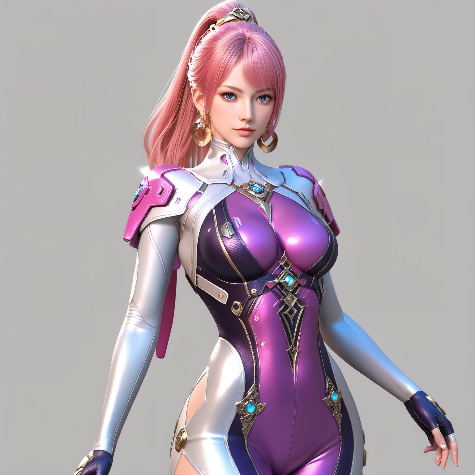 score_9,score_8_up,score_7_up,1girl,solo,bodysuit,earrings,ponytail,blue eyes,jewelry,pink hair,gloves,fingerless gloves,looking at viewer,breasts,cowboy shot,transparent background,long hair,<lora:bulianshiCFZ THV3:0.8>,