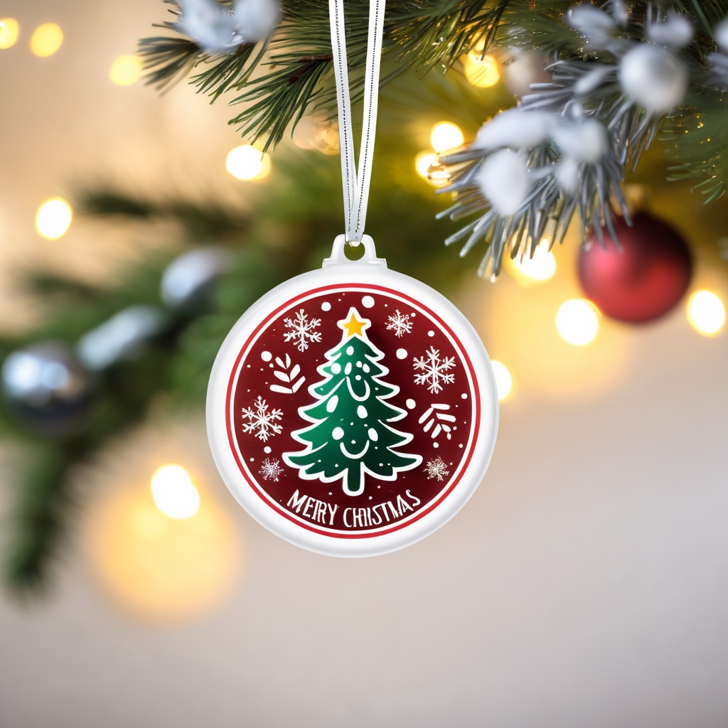 Christmas badges,A festive Christmas ornament with a snowy pine tree design,set against twinkling holiday lights and decorations.,