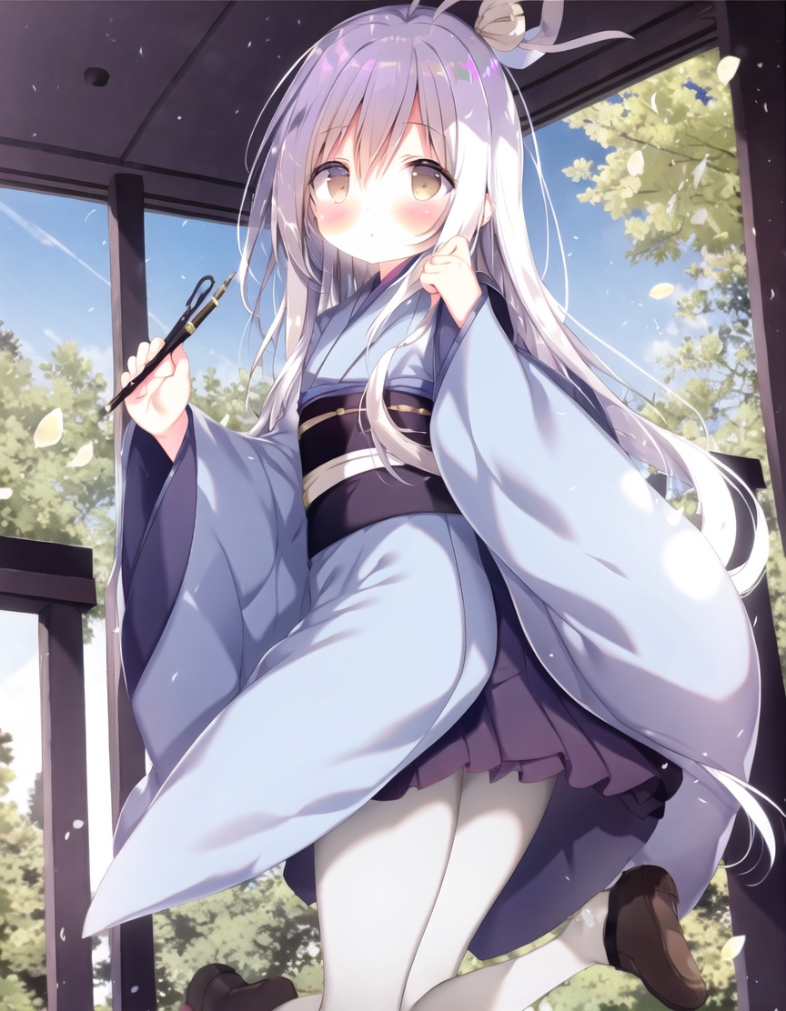1girl,pantyhose,solo,white pantyhose,long hair,japanese clothes,long sleeves,holding,kimono,wide sleeves,blush,ahoge,bangs,very long hair,one side up,white hair,sash,skirt,pleated skirt,hair between eyes,frills,looking at viewer,obi,off shoulder,bare shoulders,purple eyes,white kimono,standing on one leg,black footwear,closed mouth,standing,grey eyes,holding paintbrush,frilled skirt,hand up,paintbrush,sleeves past wrists,parted lips,hair ribbon,feet out of frame,<lora:可爱画风v2-000010:0.8>,killer,