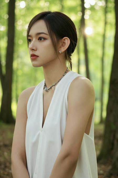 upper body photo of a beautiful korean girl wearing halter long dress necklace inside forest with sun lights through leaves, dslr,  high quality, light reflections, pale skin, detailed skin,<lora:flux_realism_lora:1>, <lora:makinaflux_chengxiao_v1.0:1>