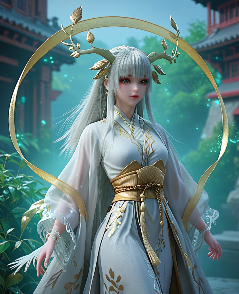 (oriental architecture, elegant decor, sophisticated style:1.1),Walking with arms swinging freely by the sides,,(breasts:1.2),<lora:XL完美世界虚天神藤:0.9>,miss xutianshenteng,solo,white kimono,green eyes,leafy branches hair ornament,bangs,white hair,long hair,red lips,sash,obi,see-through wide sleeves,clothing patterns,light particles,hagoromo,beads bracelet,tassel,outer skirt,, zPDXL2, score_9, score_8_up, score_7_up BREAK realistic, masterpiece,best quality, highly detailed,, zPDXL3, zPDXL2,zPDXL, zPDXLxxx, zPDXLrl,