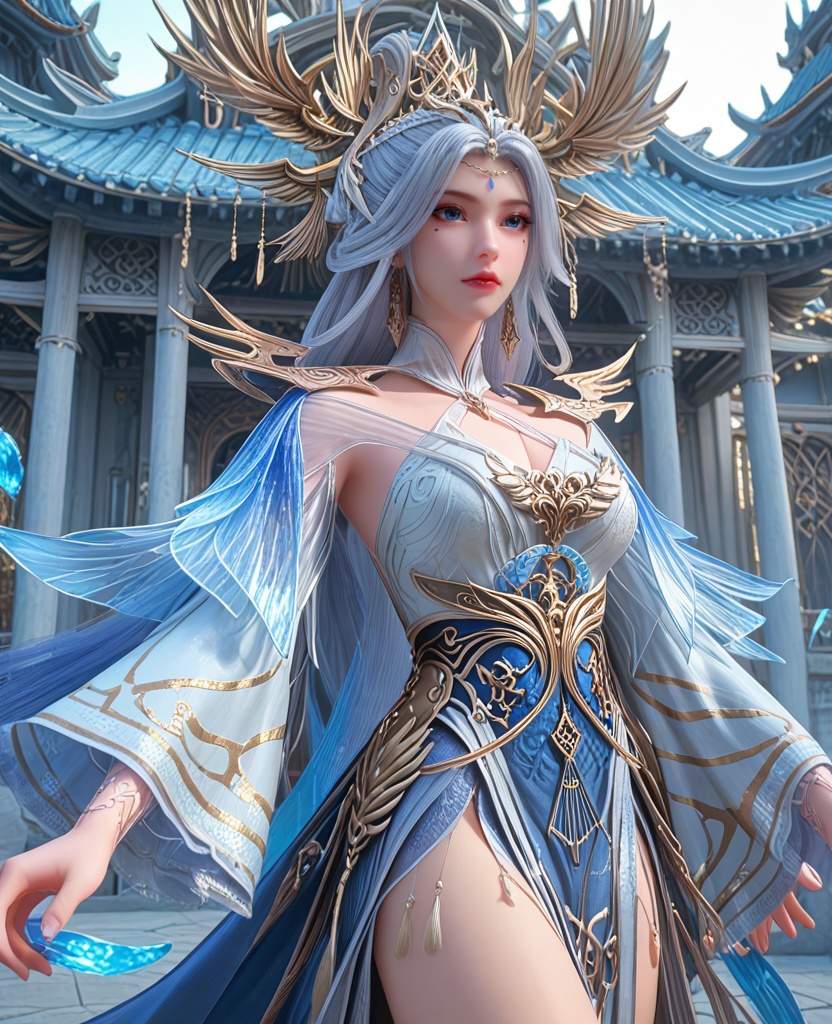 (oriental architecture, elegant decor, sophisticated style:1.1),(golfing:1.1),(breasts:1.2),<lora:XL百炼成神宁雨蝶spur:0.9>,miss ningyudie,silver paired with blue dress,sash,blue shawl sleeves,side slit,mole under right eye,forehead pendan,eyelashes,blue eyes,white hair,long hair,headdress,wide sleeves,hair bun,slender legs,jewelry,earrings,, zPDXL2, score_9, score_8_up, score_7_up BREAK realistic, masterpiece,best quality, highly detailed,, zPDXL3, zPDXL2,zPDXL, zPDXLxxx, zPDXLrl,