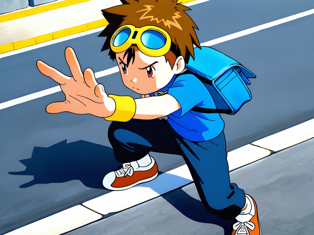 <lora:DT_Matsuda_Takato_XL:1>,digimon tamers,best quality,best detail,masterpiece,street,male focus,elementary school bag,1boy,male_child,petite,short hair,brown hair,very thin eyebrows,reddish brown eyes,goggles on head,blue clothes,pants,socks,sneakers,fighting_stance,perfect hands,(5fingers:1.3),correct anatomy,huge filesize,available light,mid_shot,photorealistic,