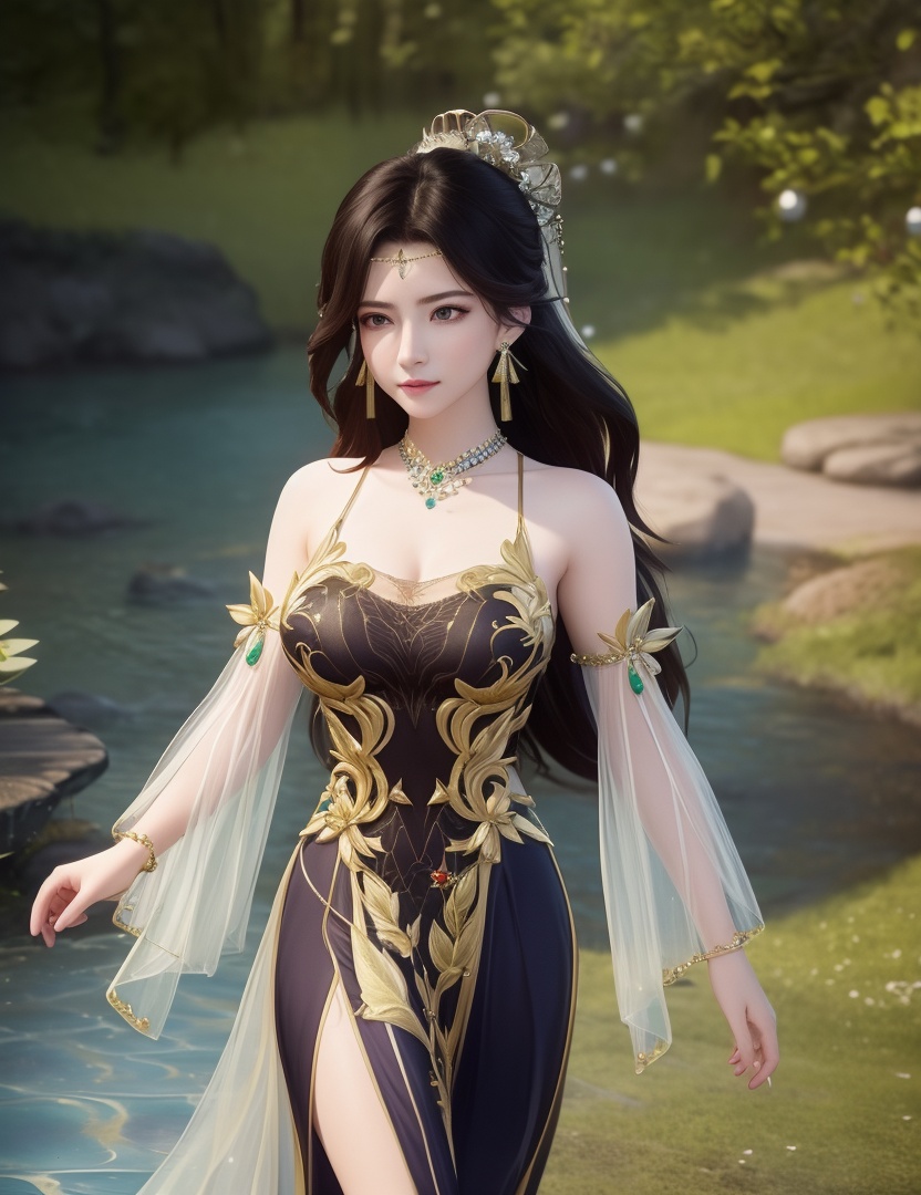 <lora:514-DA-万古狂帝-柳妃:0.8>(,1girl, ,best quality, ),looking at viewer,  ,ultra detailed background,ultra detailed background,ultra realistic 8k cg,, ,masterpiece,((((1girl, solo,  , solo focus, ,walking on liquid, ))))    (cleavage), (), ,ultra realistic 8k cg,   clean, masterpiece,     cinematic lighting, cinematic bloom, , (( , )),,  , unreal, science fiction, luxury, jewelry, diamond, gold, pearl, gem, sapphire, ruby, emerald, intricate detail, delicate pattern, charming, alluring, seductive, erotic, enchanting, hair ornament, necklace, earrings, bracelet, armlet,see-through sleeves, ,