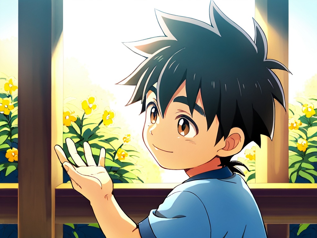 <lora:DQ_Dai_XL:1>,Dai,blue clothing,best quality,best detail,masterpiece,male focus,flowers and plants plain,morning,tsuyuka \(sunny spot\),1boy,(toddler:1.1),male_child,black hair,thick eyebrows,brown eyes,smile,beckoning,perfect hands,(5fingers:1.3),correct anatomy,huge filesize,available light,