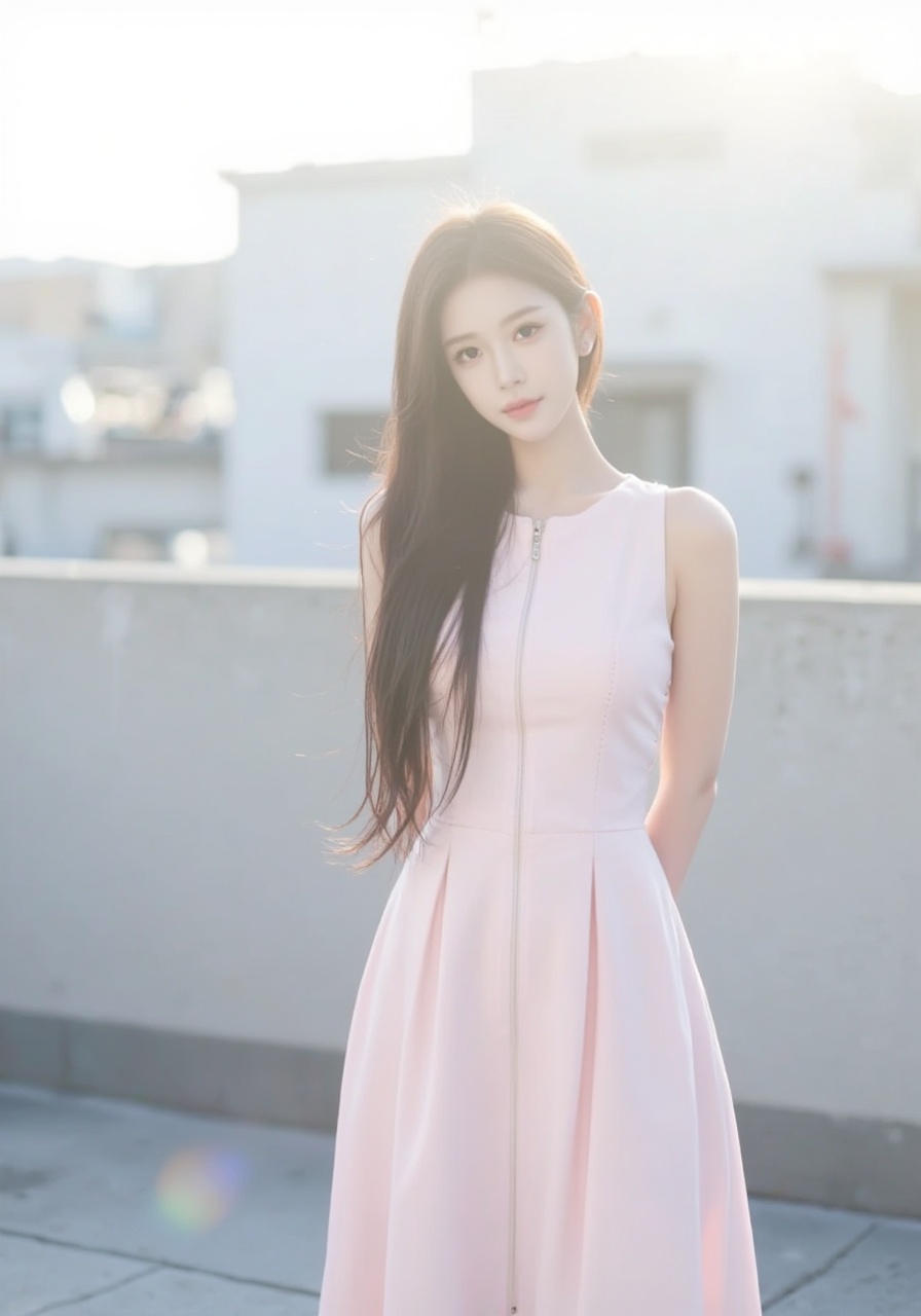 This is a high-resolution photograph of a young Asian woman with a delicate,ethereal appearance. She has a fair complexion,long,straight,dark brown hair cascading over her shoulders,and large,expressive brown eyes with a hint of makeup. Her lips are slightly parted,giving a soft,natural look. She is wearing a sleeveless,light pink dress with a zipper down the front,which has a modern,minimalist design with subtle,thin vertical seams. The fabric appears smooth and slightly shiny,likely made of a lightweight material such as satin or silk. Her posture is relaxed,with her arms slightly bent and her hands clasped behind her back. The background is a soft,blurred out image of a sunlit sky,with sunlight streaming through,creating a halo effect around her. The setting seems to be an outdoor location,possibly a rooftop or terrace,with the light source coming from behind her,casting a warm glow on her face and dress. The overall mood of the photograph is serene and dreamy,emphasizing the subject's delicate beauty and the tranquil atmosphere.,<lora:3e752b:0.75>,
