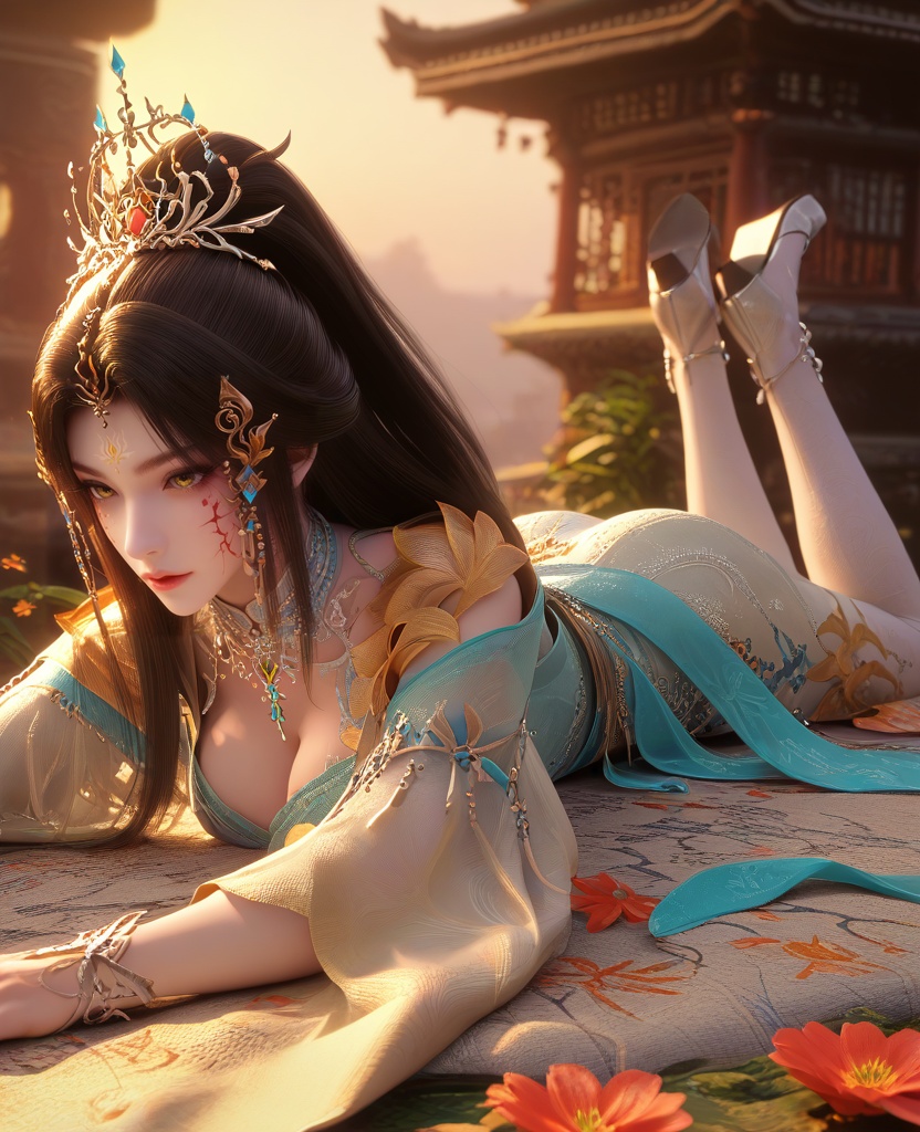 (oriental architecture, elegant decor, sophisticated style:1.1),(lying, On stomach, legs outstretched,:1.1),lower body,(large breasts:1.2),shoes,<lora:XL16云深不知梦羲和四相融合:0.95>,miss xihe,cyan hanfu coat over white base dress,yellow hagoromo,yellow eyes,facial mark,black hair,half-up ponytail with long cascading hair,very long hair,hair ornament,jewelry,collar,faux floral embellishments,white leggings,, score_9,score_8_up,score_7_up,score_6_up,score_5_up,score_4_up,3d rendering,tag1,tag2, Cinematic Lighting,backlighting,