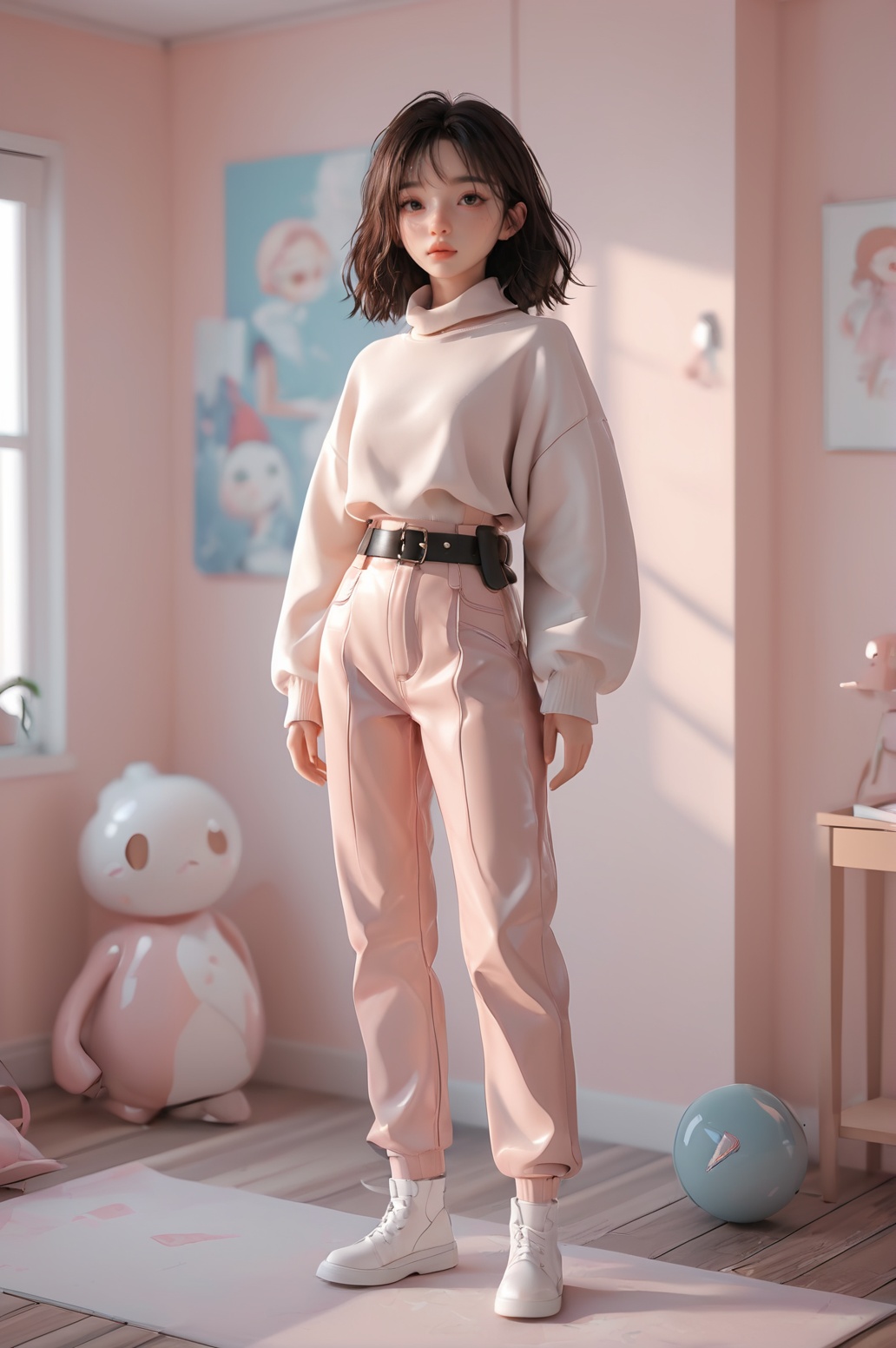 a doll in a room,a 3D render,inspired by Ross Tran,leather pants with a belt,cute casual streetwear,small curvy loli,outfit,