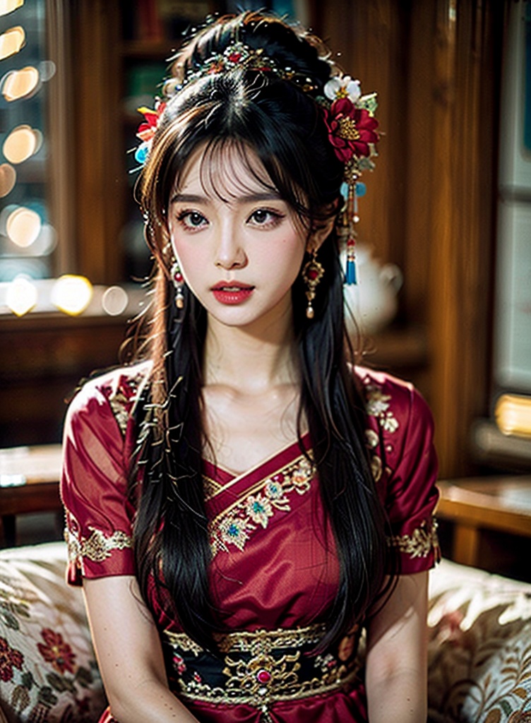 a woman in a red dress sitting down with her hand on her hip and a flower in her hair,blurry,1girl,depth_of_field,blurry_background,earrings,jewelry,bokeh,hair_ornament,solo,long_hair,lens_flare,black_hair,moon,dress,lips,hair_flower,chinese_clothes,breasts,<lora:国风写实V1.0:0.8>,