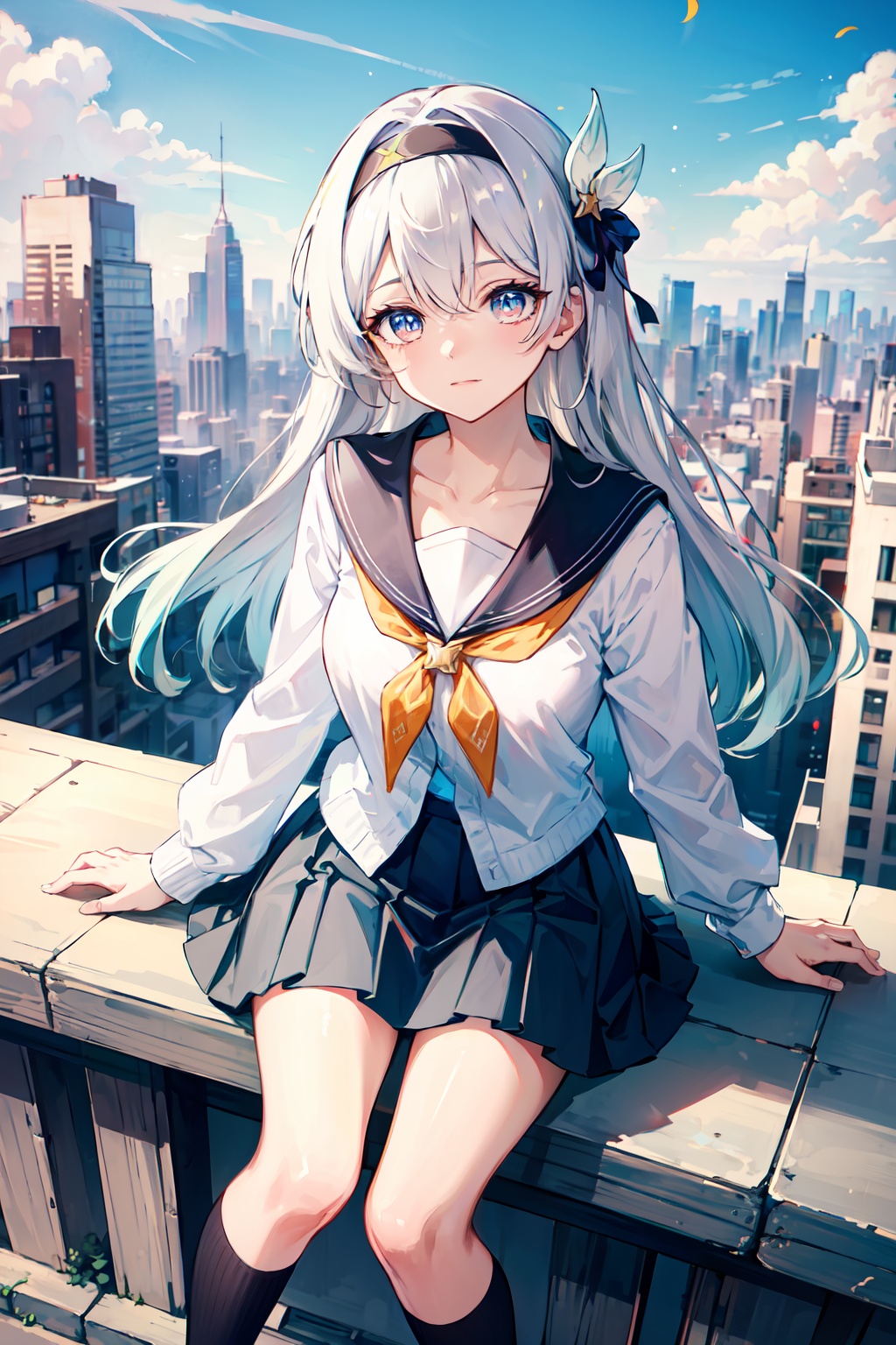 (masterpiece, best quality:1.2),insanely detailed,absurdres,ultra-highres,ultra-detailed,best quality,slender,kawaii,perfect symmetrical face,ultra cute girl,ultra cute face,ultra detailed eyes,ultra cute,ultra beautifu,<lora:firefly-000001:0.7>,firefly \(honkai: star rail\),1girl,solo,skirt,hairband,long hair,grey hair,black hairband,looking at viewer,sitting,hair intakes,pleated skirt,school uniform,bow,sky,shirt,long sleeves,orange neckerchief,socks,closed mouth,cityscape,white shirt,serafuku,sidelocks,city,multicolored eyes,sailor collar,miniskirt,star \(sky\),neckerchief,skyline,knees up,white socks,building,from above,looking up,