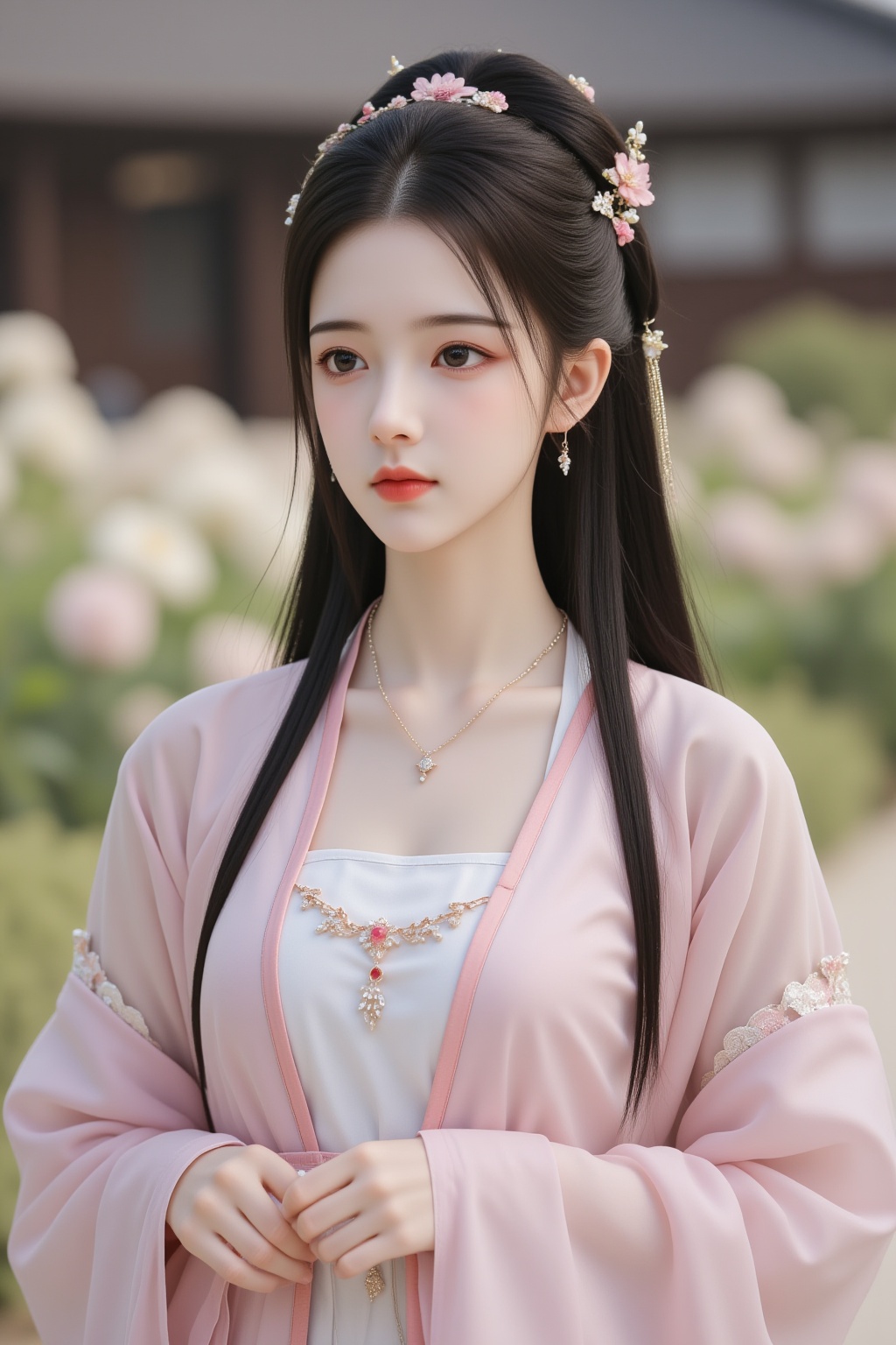 cinematic photo 1girl, jewelry, long hair, solo, closed mouth, black hair, brown eyes, looking at viewer, upper body, pink hanfu, outdoors, flowers