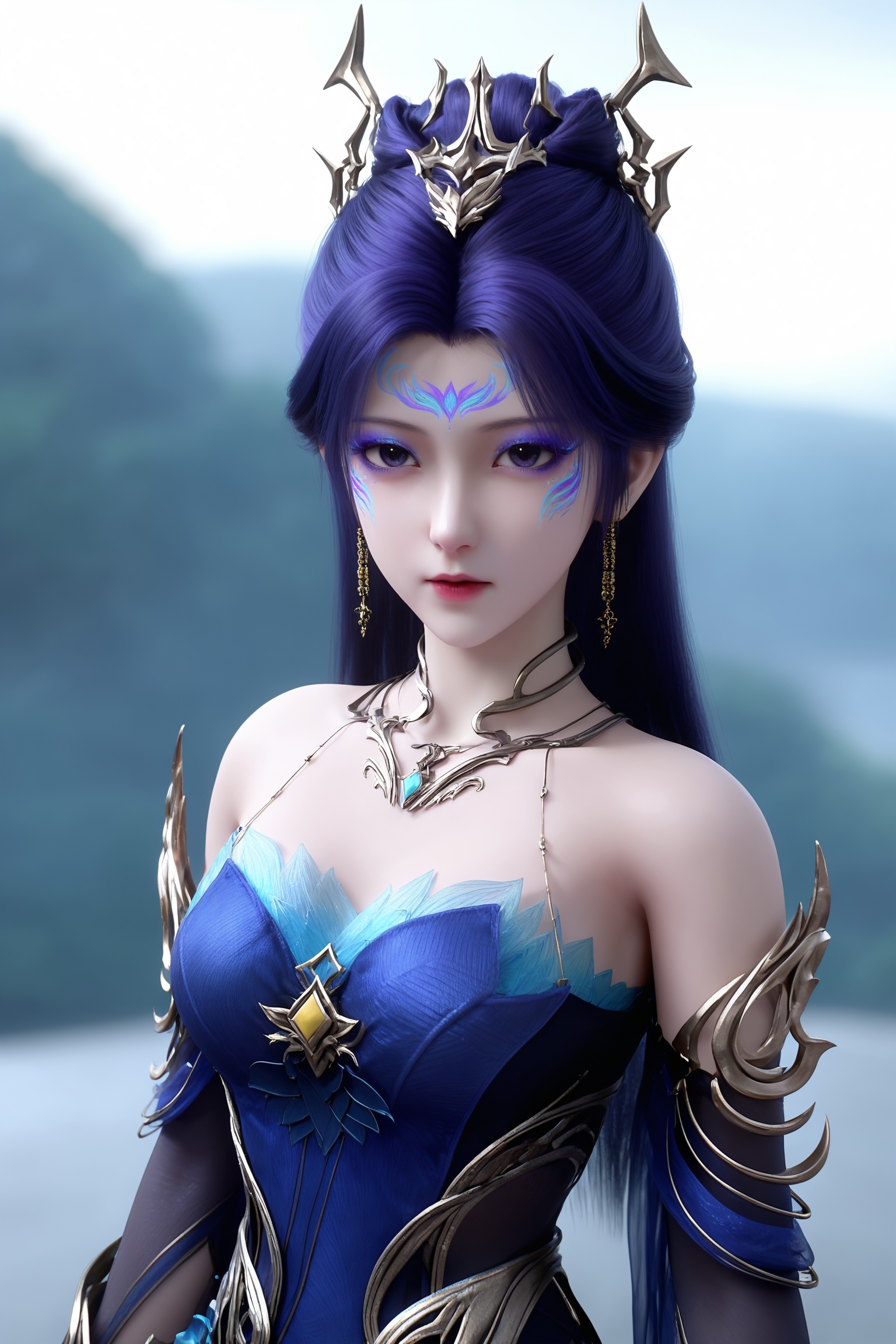 <lora:神墓-梦可儿-解封Pony:0.8>,1girl,hair ornament,long hair,blue hair,orehead mark,facial mark,detached sleeves,earrings,bare shoulders,blue dress,necklace,close-up,portrait,