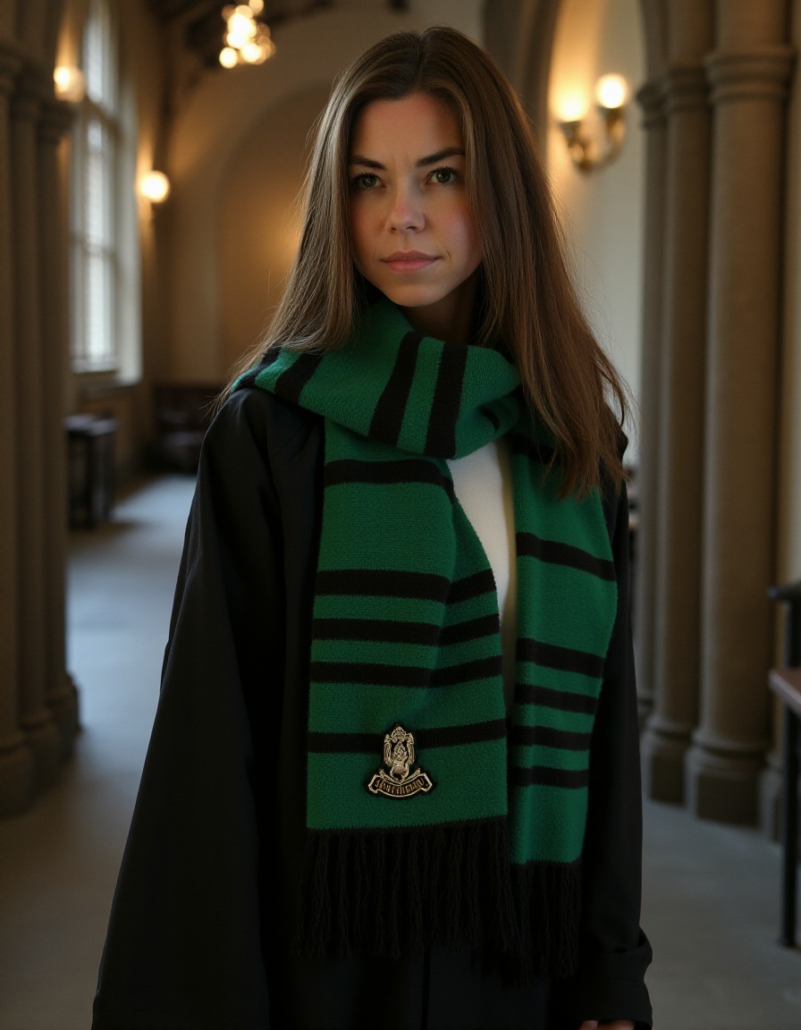 a portrait picture of a hogwarts student dressed in slytherin robes and striped scarf,  posing inside the castle interior...