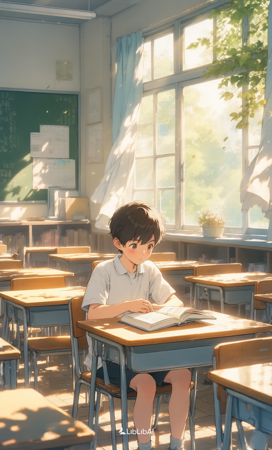 治愈系动画,独自一人,在一个宽敞的教室里,一个小男孩坐在他的书桌前阅读,精致的特征,英俊潇洒,阳光透过树叶和窗户过滤,在他身上投射强烈的光影效果,唤起了青春的浪漫回忆,, Negative prompt: ng_deepnegative_v1_75t,(badhandv4:1.2),EasyNegative,(worst quality:2),多手指,多手臂,多脚,,nsfw, Steps: 28, Sampler: Euler, CFG scale: 3.5, Seed: 2333607220, Size: 928x1536, Model hash: 98763a1277, Model: Qwen-Image_1.0.safetensors, Denoising strength: 0, RNG: CPU, Lora 1: 治愈系动画, Lora Hash 1: f84af1927a, Lora Weight 1: 0.9, vae_name: automatic