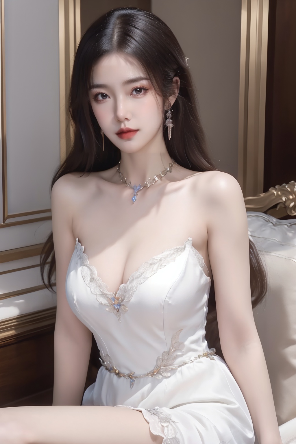 1girl, artist name, bare shoulders, breasts, dress, earrings, jewelry, long hair, looking at viewer, makeup, signature, sitting, solo, white dress,breast, 