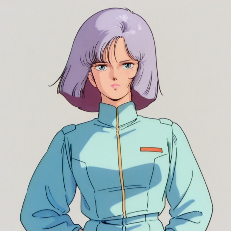 masterpiece, best quality,solo,(grey background:1.2),simple background,1girl,looking at viewer,  retro artstyle, anime_style, gundam_z_tv_style, uc_0087_style, 1980s \(style\)<lora:UC_0087_gundam_Z_TV_style_ill:0.8>