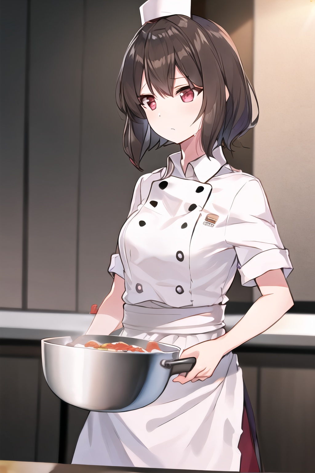 1girl,solo,shameimaru aya,hat,chef_uniform,red eyes,short hair,brown hair,front view,<lora:shameimaru aya002-000012:1>,kitchen,chef_hat,ladle,pot,absurdres,wallpaper,