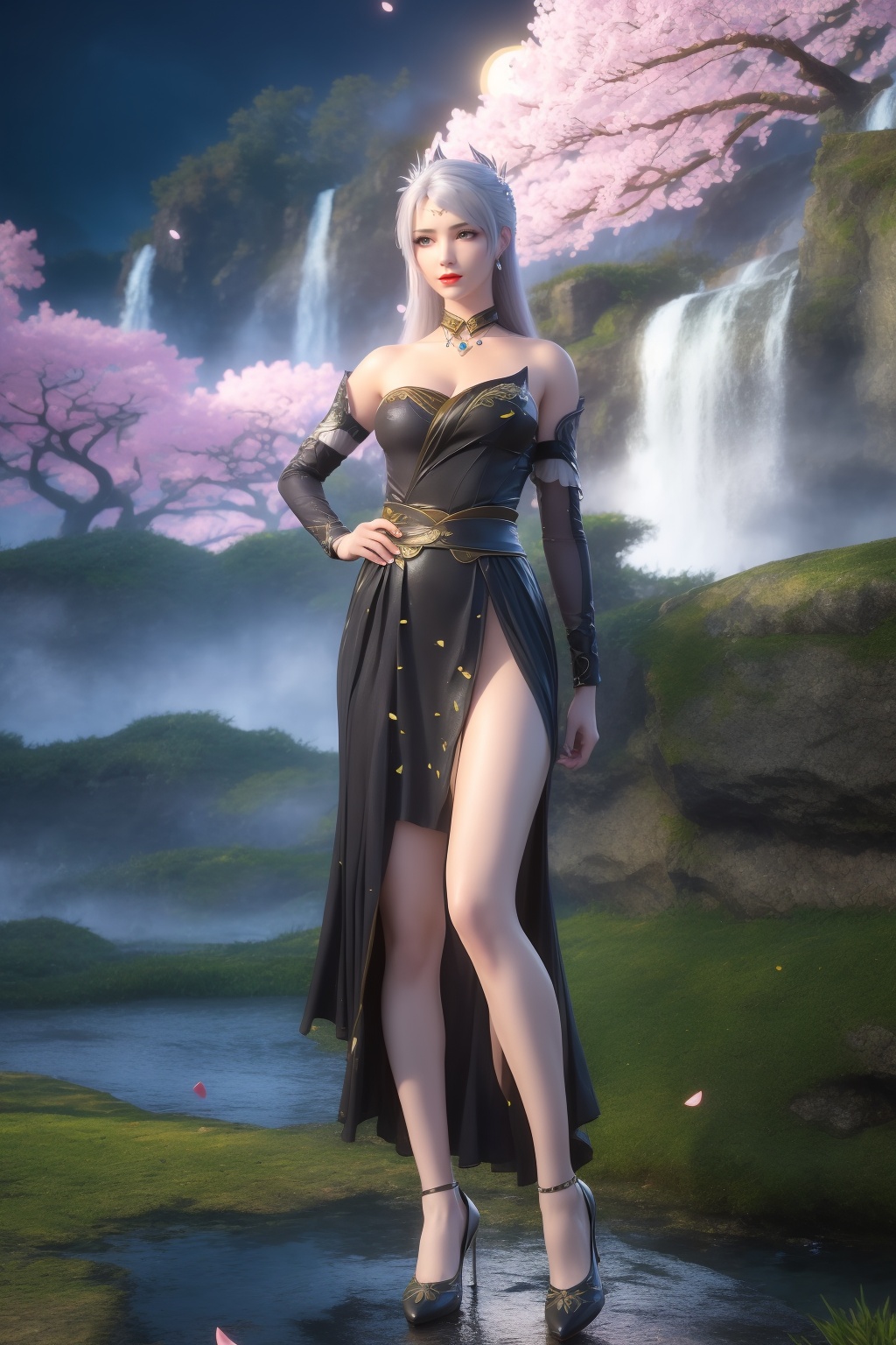 photo_\(medium\),(8k, RAW photo, best_quality),(masterpiece:1.2),(realistic:1.2),(photorealistic:1.3),(ultra-detailed),(extremely_detailed_cg_8k_wallpaper),(crystal_texture_skin:1.3),(shiny:1.2),(shiny_skin:1.4),(extremely_delicate_and_beautiful),(scenery, waterfall, (cherry_blossoms), (milfeulle_sakuraba), (petals, falling_petals), full_moon, moon, night, moonlight, night_sky, sky, petals, water, stone),shenfengLuoLi,1girl,solo,dress,torogao,breasts,large breasts,circlet,white hair,pendant,detached collar,standing,jewelry,hair ornament,earring,necklace,red lips,realistic,looking at viewer,high heels,<lora:shenfengLuoLi_20240413131506-000004:0.7>,