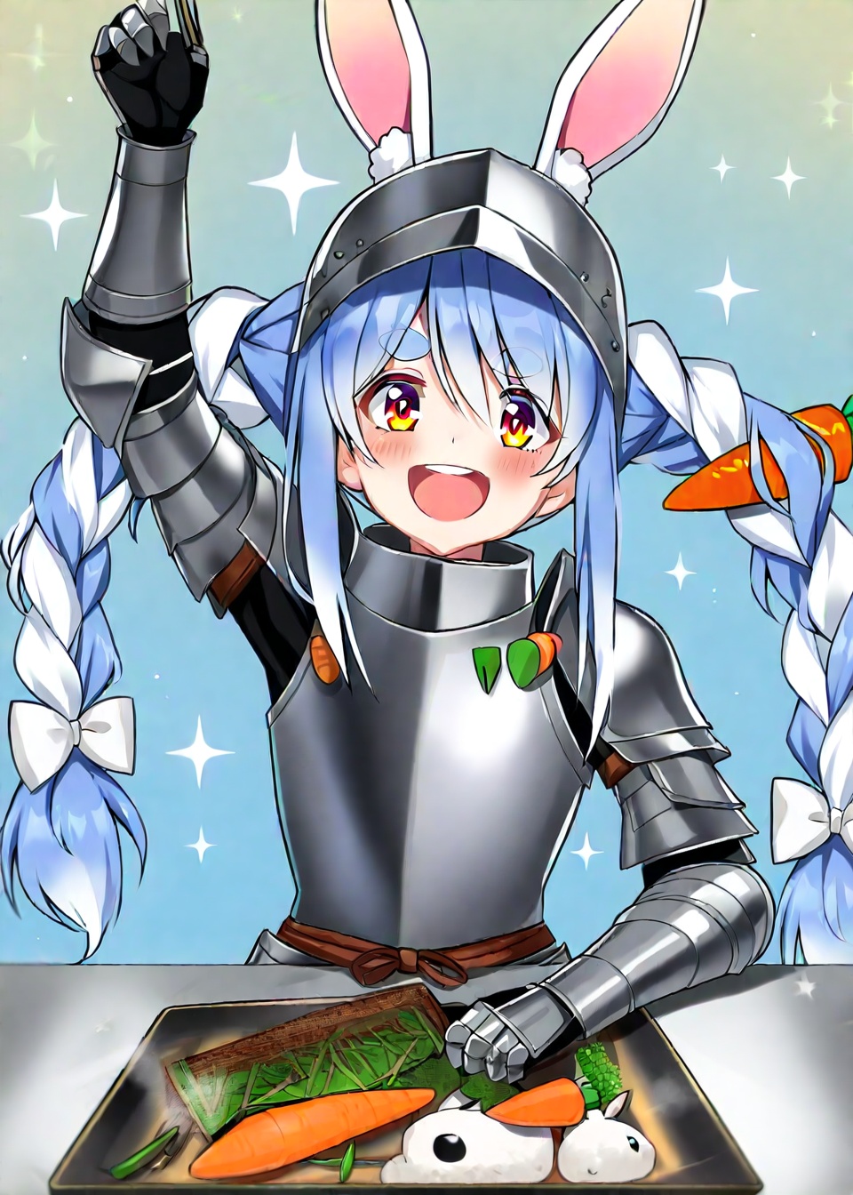 1girl, virtual youtuber, usada pekora, animal ears, blue hair, solo, food-themed hair ornament, long hair, white hair, armor, braid, multicolored hair, rabbit ears, carrot hair ornament, two-tone hair, helmet, open mouth, holding, twin braids, hair ornament, animal ear fluff, thick eyebrows, carrot, upper teeth only, looking at viewer, don-chan \(usada pekora\), sparkle, twintails, smile, arm up, gauntlets, plate armor, blush, orange eyes, teeth, :d