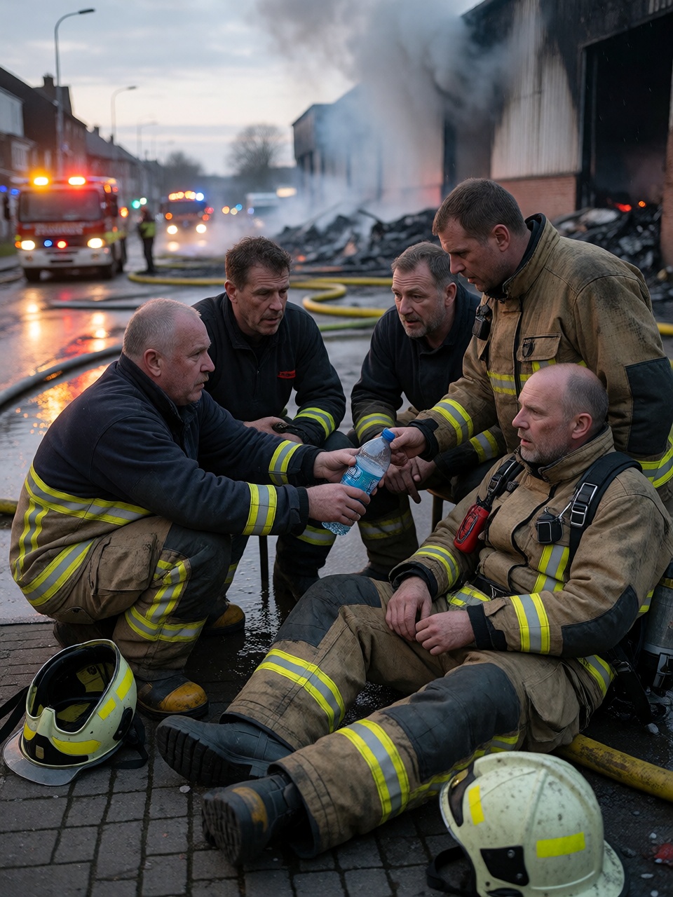 Candid documentary photograph of five exhausted firefighters resting together on the pavement after extinguishing a large...