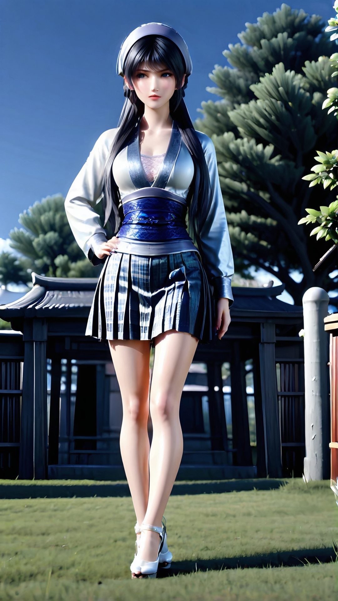 The image shows a young woman standing in a park-like setting with trees and buildings in the background. She is wearing a traditional Japanese outfit, consisting of a white blouse with a blue belt and a black and white striped skirt. The blouse has a high neckline and long sleeves, and the skirt has a pleated design. She has long black hair styled in loose waves and is wearing white high heels. The woman is standing with her hands on her hips and is looking off to the side with a serious expression on her face. The sky is blue and the overall mood of the image is peaceful and serene.,<lora:pony端木蓉:0.8>,
