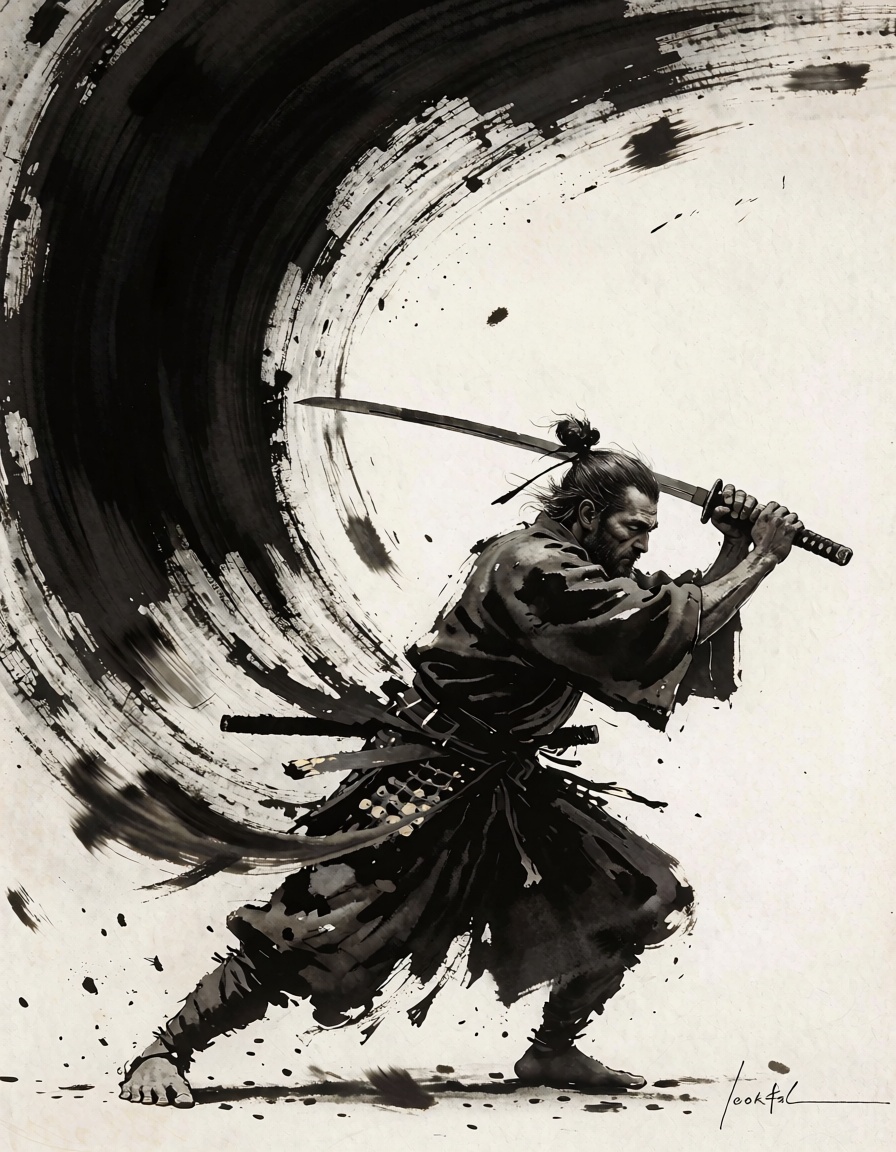 big long brushstrokes of deep black sumi-e turning into symbolic painting of wabisabi,  japan. msamurai,  fighting with ka...
