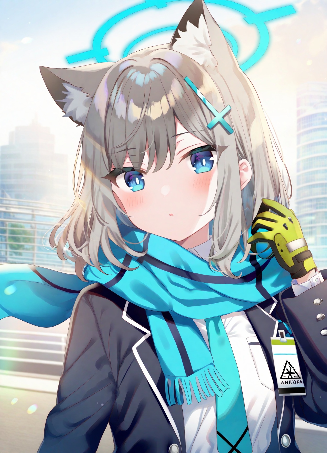 (Best-A:1.1),mafuyu,torino_aqua,1girl, absurdres, animal_ears, black_jacket, blazer, blue_archive, blue_eyes, blue_halo, blue_necktie, blue_scarf, cross_hair_ornament, day, extra_ears, gloves, green_gloves, grey_hair, hair_ornament, halo, highres, jacket, long_sleeves, medium_hair, necktie, open_clothes, open_jacket, outdoors, scarf, shiroko_\(blue_archive\), shirt, solo, upper_body, white_shirt, wolf_ears