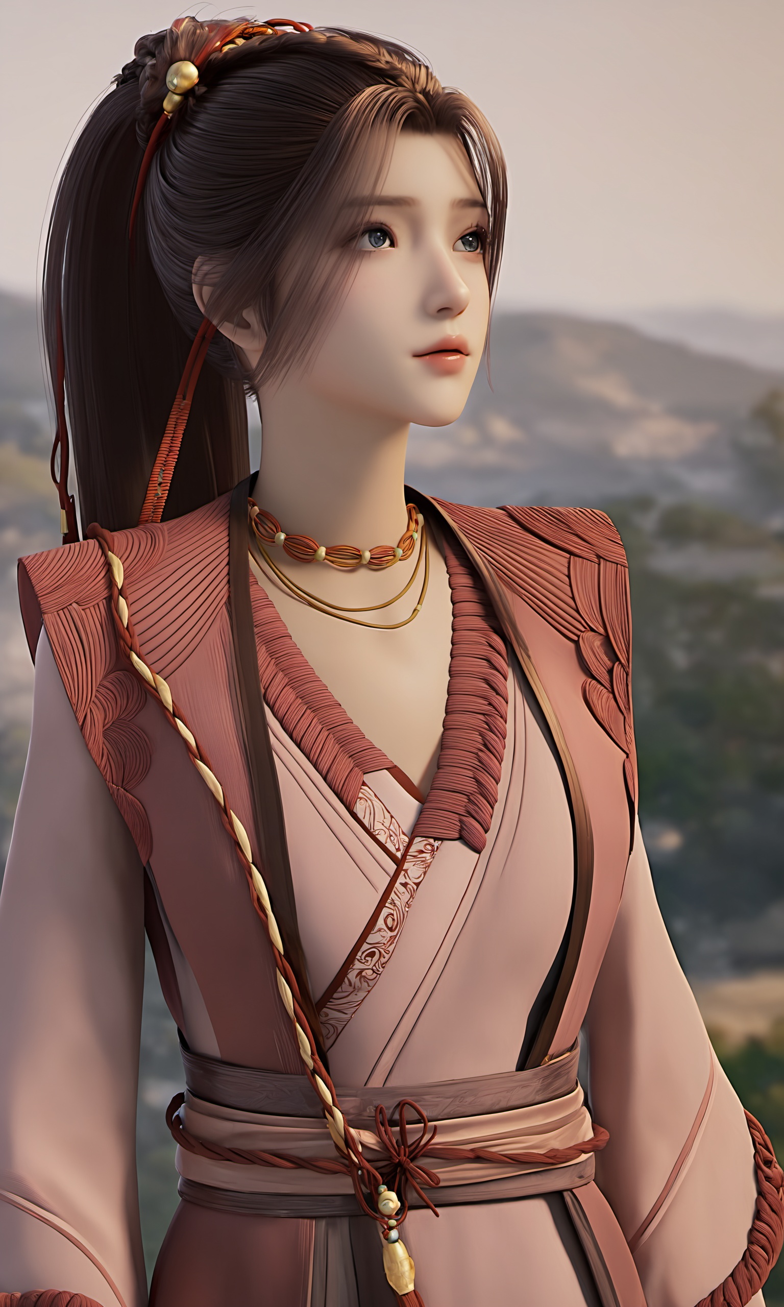 Hailey,front-side view of Hailey-type girl with brown high ponytail long hair and parted bangs wearing golden ZXH-type Hanfu,highly detailed,ultra-high resolutions,32K UHD,masterpiece,best quality,<lora:ZHUXIAN-Hailey-000019:0.9>,