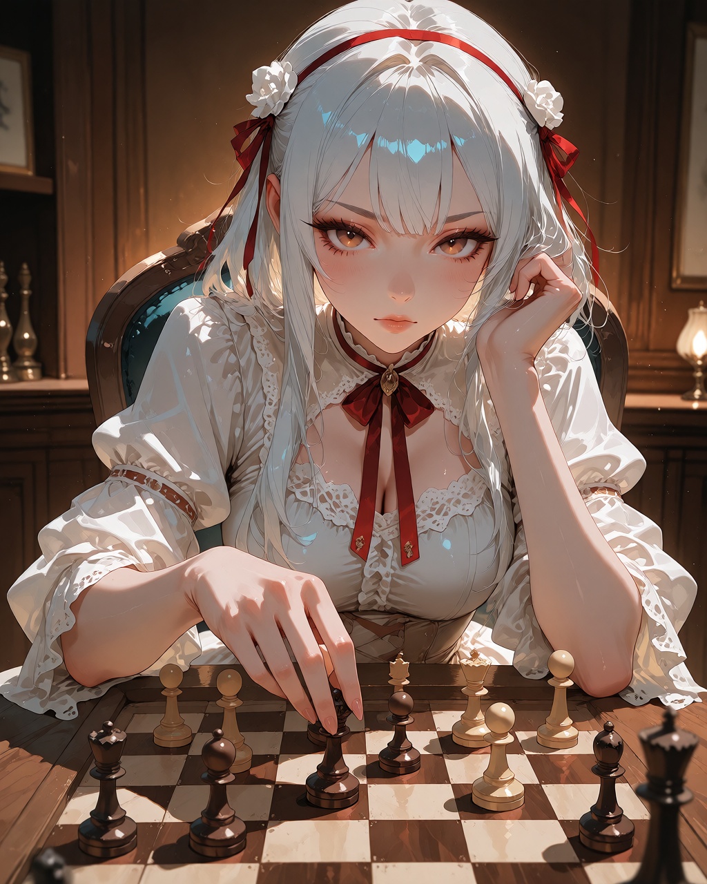 1girl at a chess table,  and chessboard,  solo on Tensor.Art