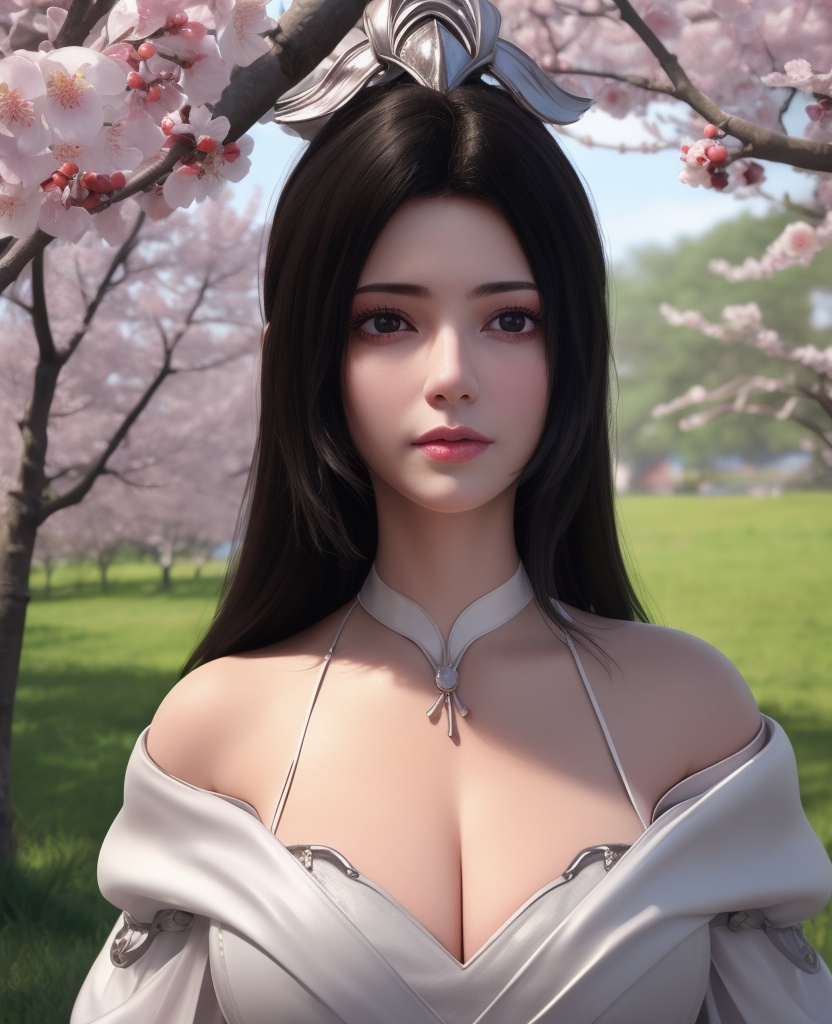 <lora:584-DA-星辰变-白灵:0.8>(,1girl, ,best quality, ),looking at viewer,  ,ultra detailed background,ultra detailed background,ultra realistic 8k cg,, ,masterpiece, (( , )),, ,   plum blossoms,    ,,  (cleavage), (), ,,