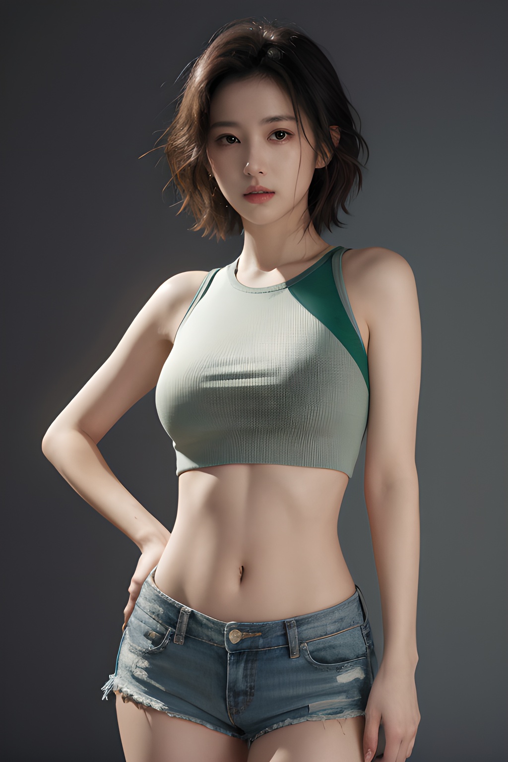 <lora:0818_05:0.7>,simple background,green_midriff,torn_clothes,, 1girl,realistic,masterpiece, best quality, photorealistic, HDR,detail