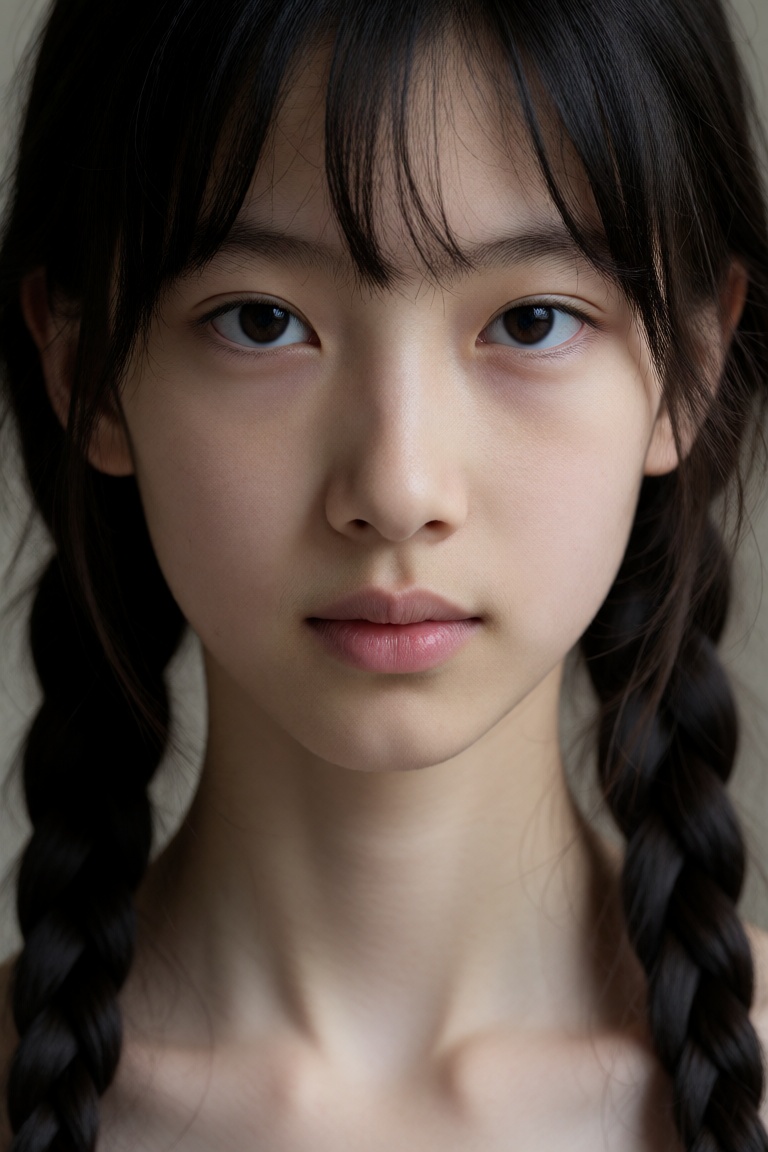 A young Asian woman,  likely in her early twenties,  is centered in a close-up portrait. She has a fair complexion on Tens...