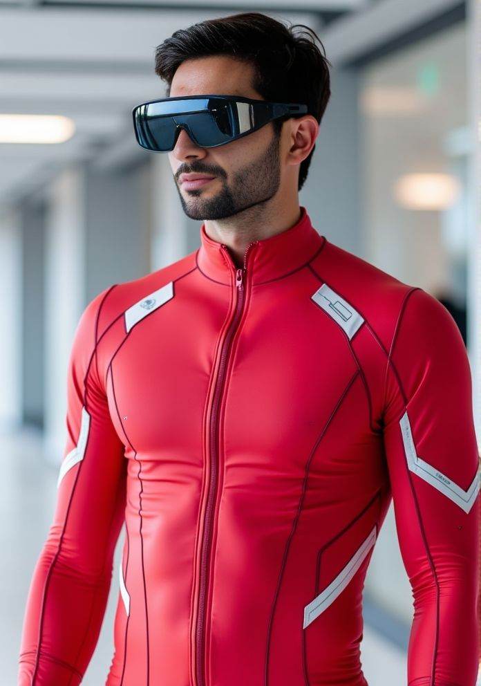 Ferran Torres ,  Hi-res photo. He wears futuristic electronic glasses. He is wearing a light red,  close fitting flight su...