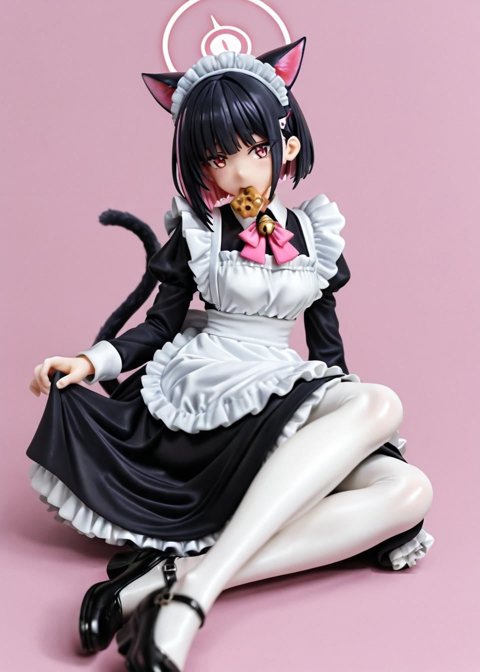 1girl, animal ears, solo, kazusa \(blue archive\), cat ears, black hair, maid, alternate costume, halo, colored inner hair, maid headdress, tail, white pantyhose, multicolored hair, apron, cat tail, pink hair, looking at viewer, pantyhose, simple background, short hair, long sleeves, maid apron, extra ears, enmaided, black dress, mouth hold, pink background, dress, bell, food, white apron, black footwear, two-tone hair, pink eyes, shoes, frills