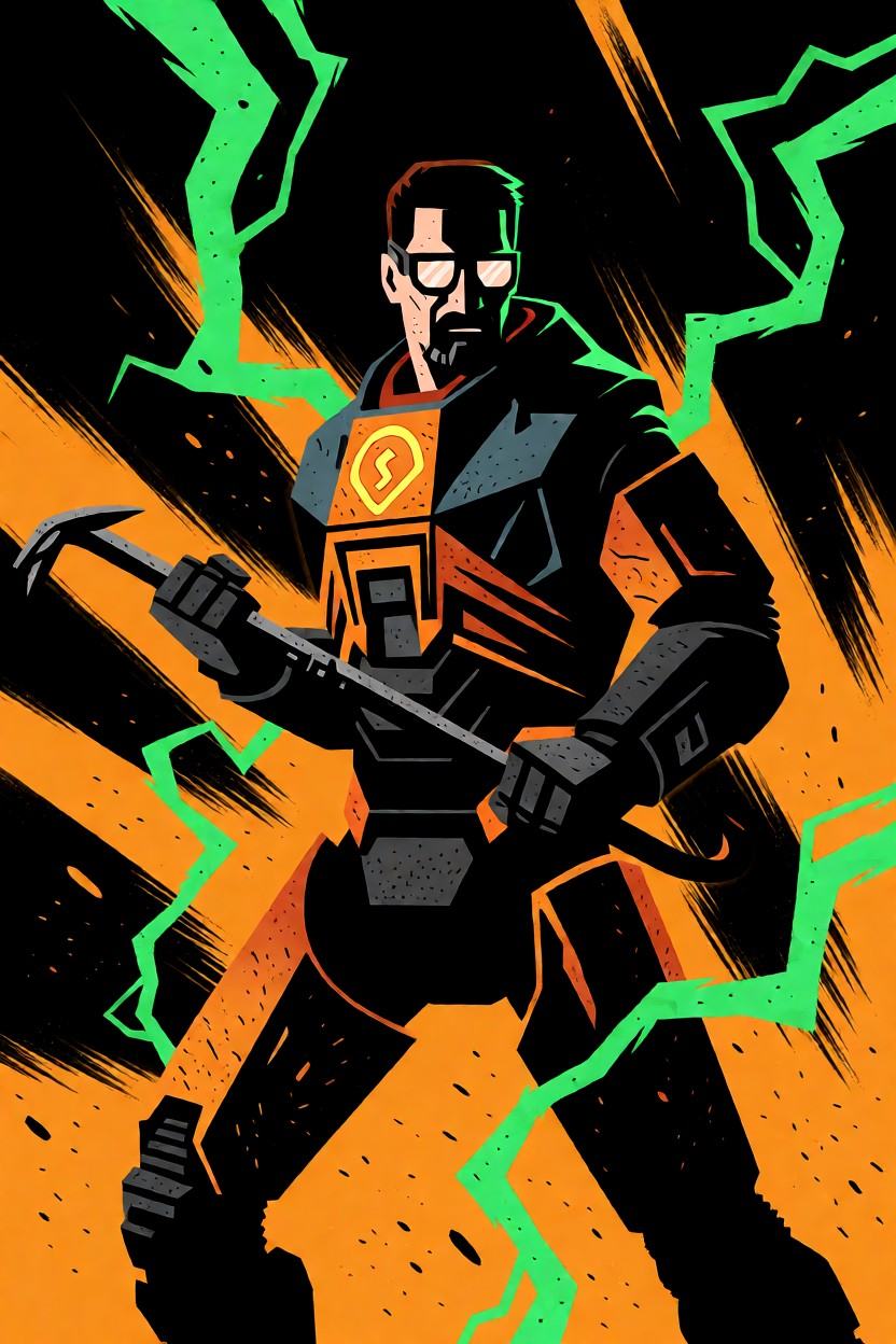 Subject and actionGordon Freeman from Half-Life,  depicted in his iconic HEV suit,  wielding a crowbar with dynamic tensio...