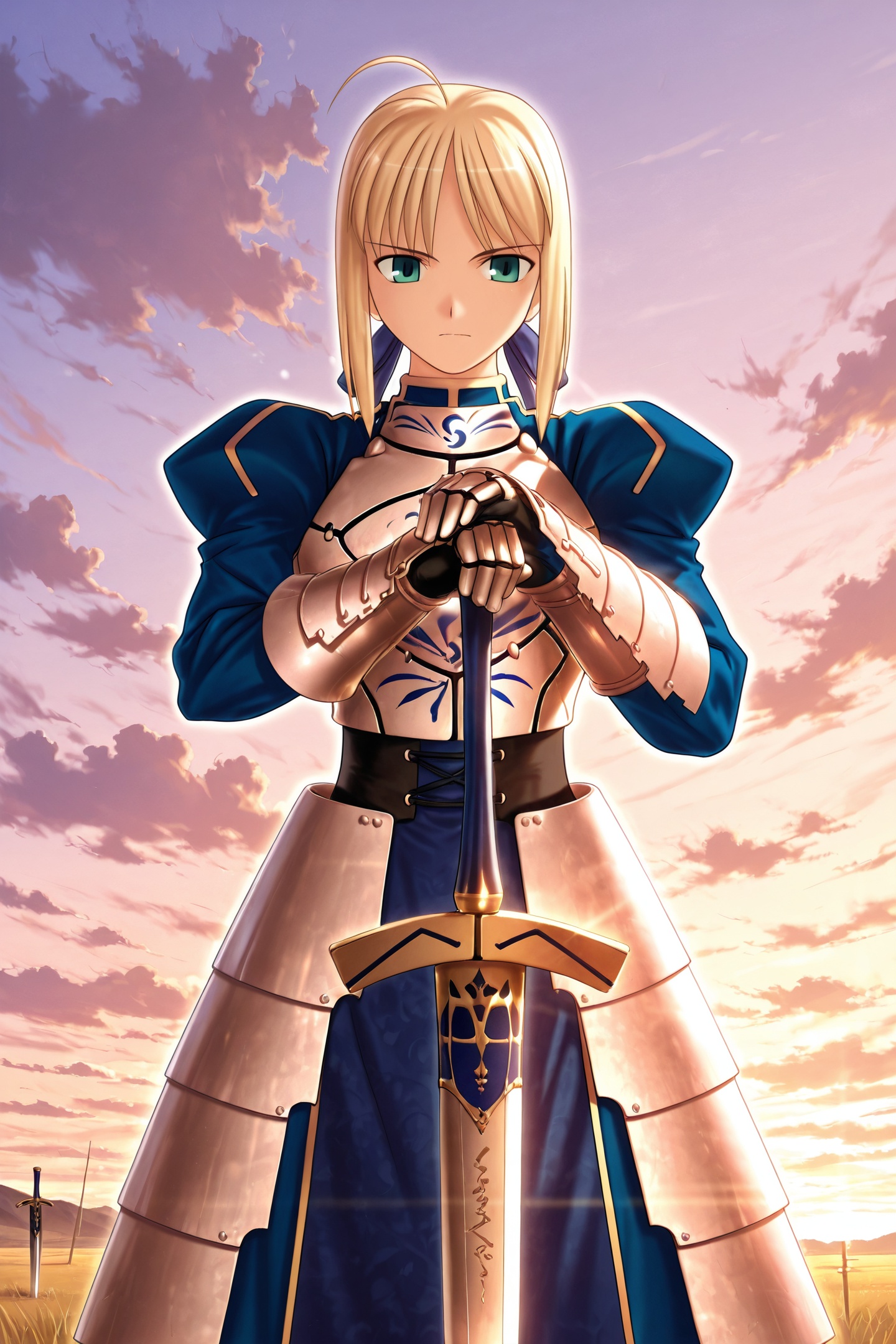 Fate stay night Style,1girl,artoria pendragon \(fate\),saber \(fate\),solo,blonde hair,hands on hilt,sword,weapon,armor,green eyes,ahoge,gauntlets,armored dress,cloud,excalibur \(fate/stay night\),ribbon,dress,hair ribbon,hand on hilt,sky,sheathed,planted sword,planted,<lora:Fate stay night_illustriousXL:1>,