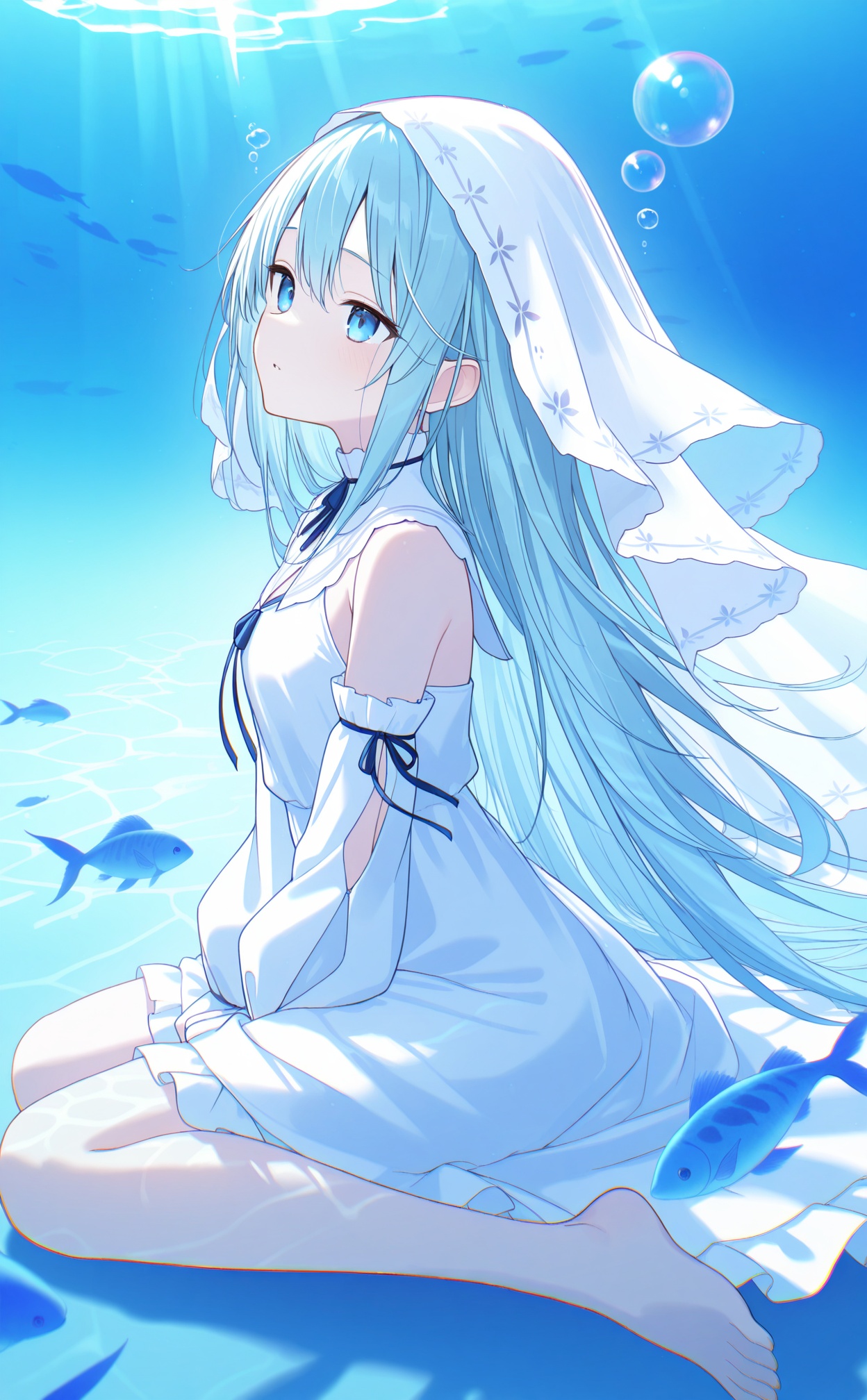 masterpiece,very aware,(highres),absurdres,newest,best quality,high quality,chromatic_aberration,White Theme,lightblue Theme,//,1girl, fish, long hair, veil, painting (medium), solo, traditional media, watercolor (medium), barefoot, dress, blue eyes, sitting, underwater, wariza, detached sleeves, bubble, blue hair, air bubble, ribbon, white dress, very long hair//,absurdres,newest,very aesthetic,amazing quality,highres,sensitive,ultra detailed,best anatomy,HDR,8K,high detail RAW color art,high contrast,illustration,depth of field,(colorful),phenomenal aesthetic,detailed light,blurred picture,Tyndall effect,contrast,lens flare,cinematic lighting,//,<lora:timmoo——【noob】hans:1>,